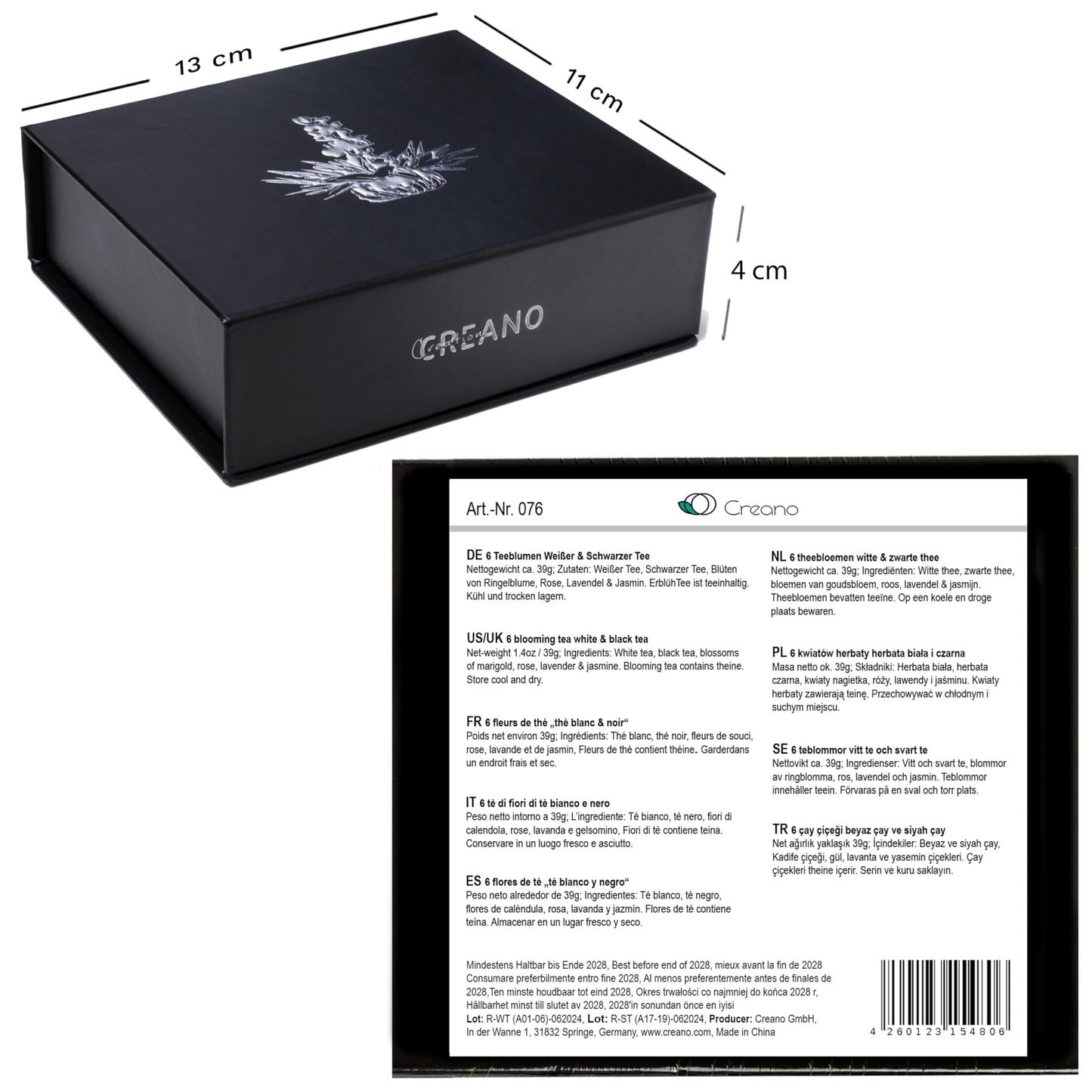 Creano Blooming Tea Set, 6pcs Flowering Tea, Black & White in Elegant Magnetic Box with Silver Embossing