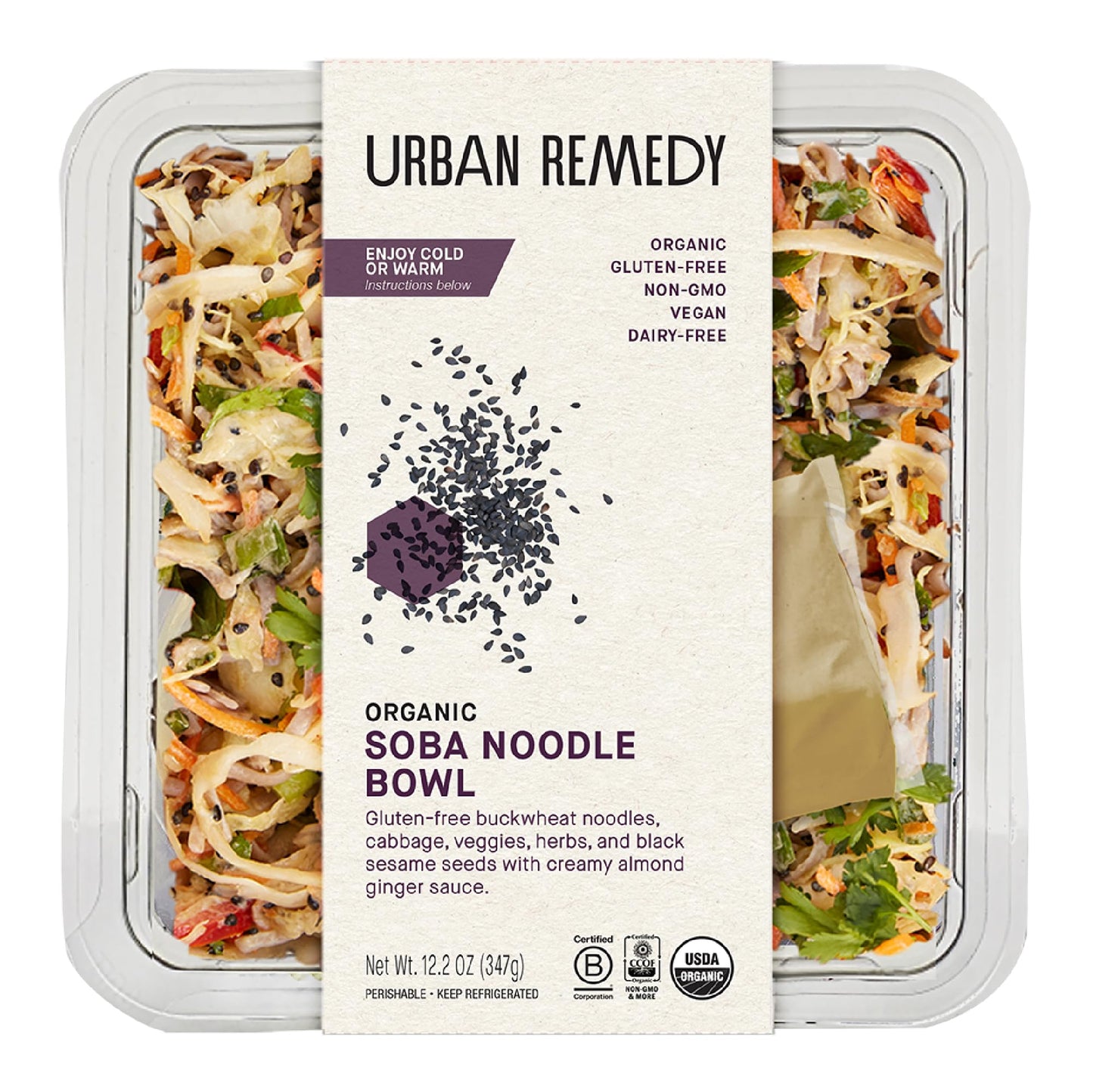 Urban Remedy Organic Soba Noodle Bowl, 12.2 oz, Plant Based with Napa Cabbage, Carrots, Red Peppers & Sesame Almond Sauce, Glute