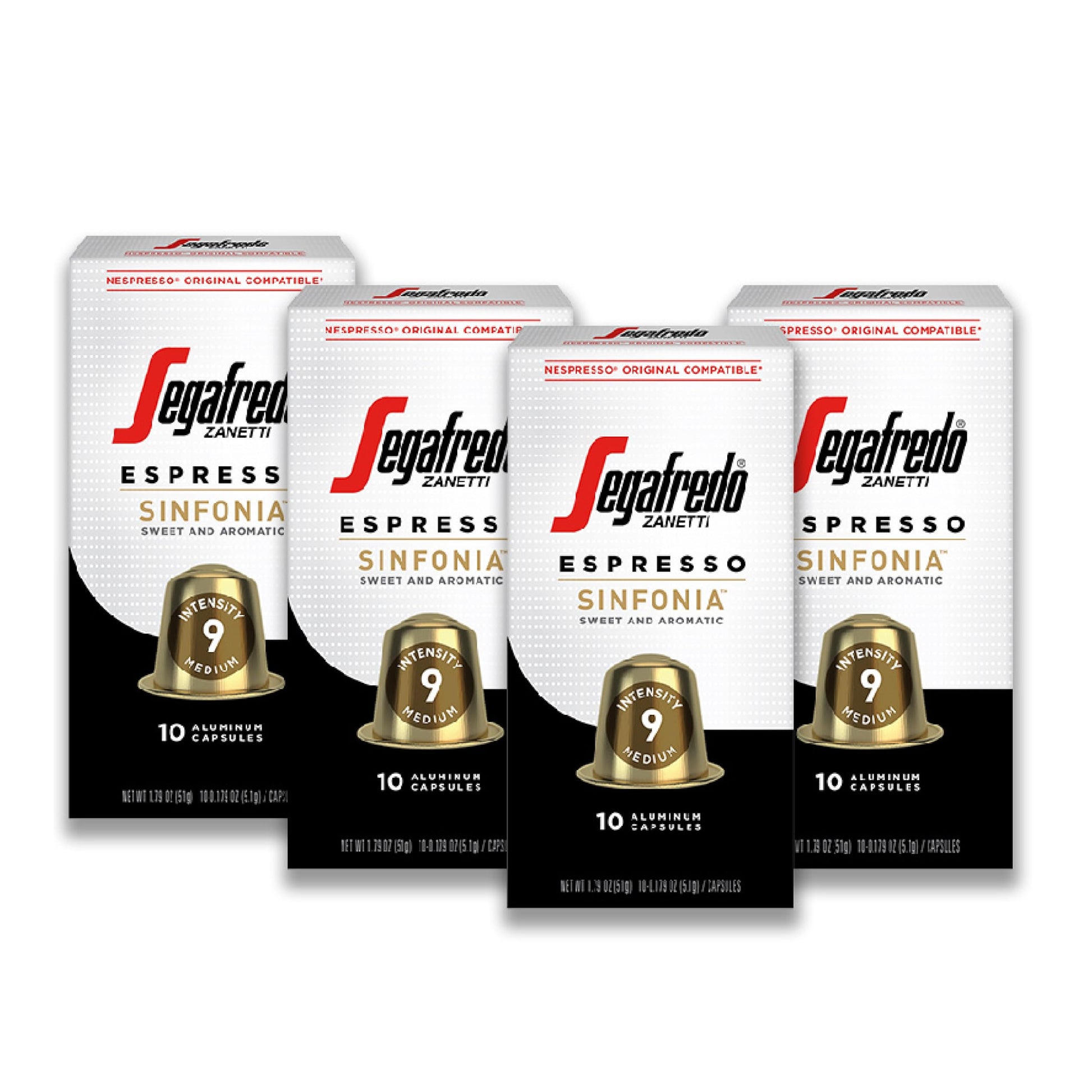 Segafredo Zanetti Espresso Units - Aluminum Pods For Nespresso Oriflavor Blendal Machines - Medium Roast Top-Grade Espresso With A Sweet Aroma - Subtle  Intensity 9 - Sinfonia  10 Count (Pack Of 4)