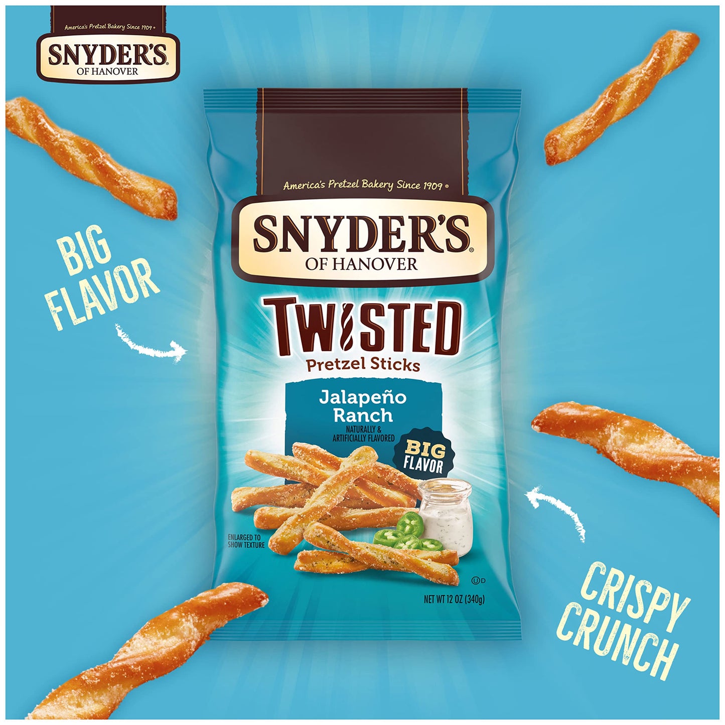 Snyder'S Of Hanover, Jalapeno Ranch Twisted Pretzel Sticks, 12 Oz Bag