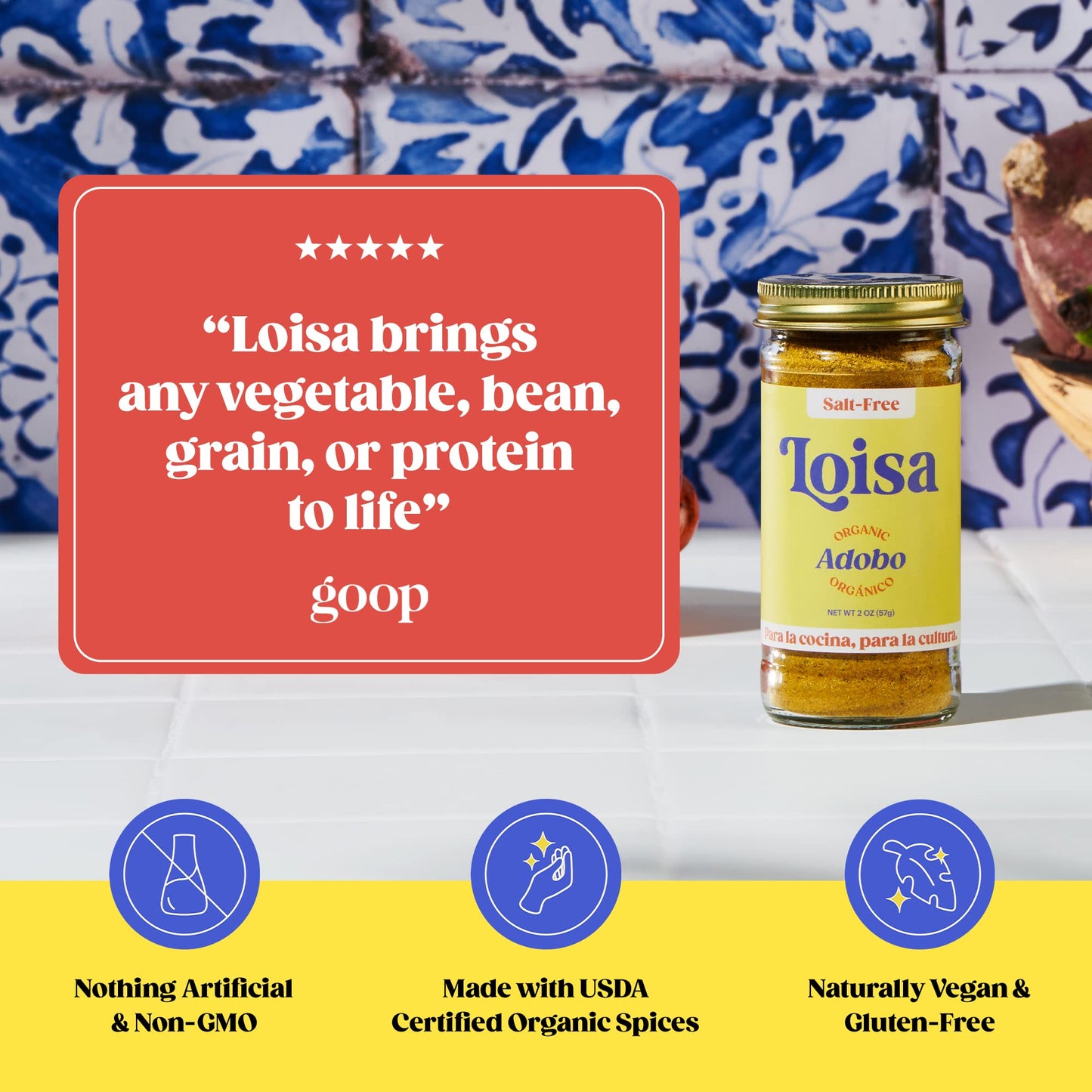 Loisa Salt-Free Adobo Seasoning, Usda Organic, Non-Gmo, No-Msg, No Preservatives, No Artificial Coloring, No Artificial Flavors, Pure Latin Flavor, 2 Oz, Pack Of 1