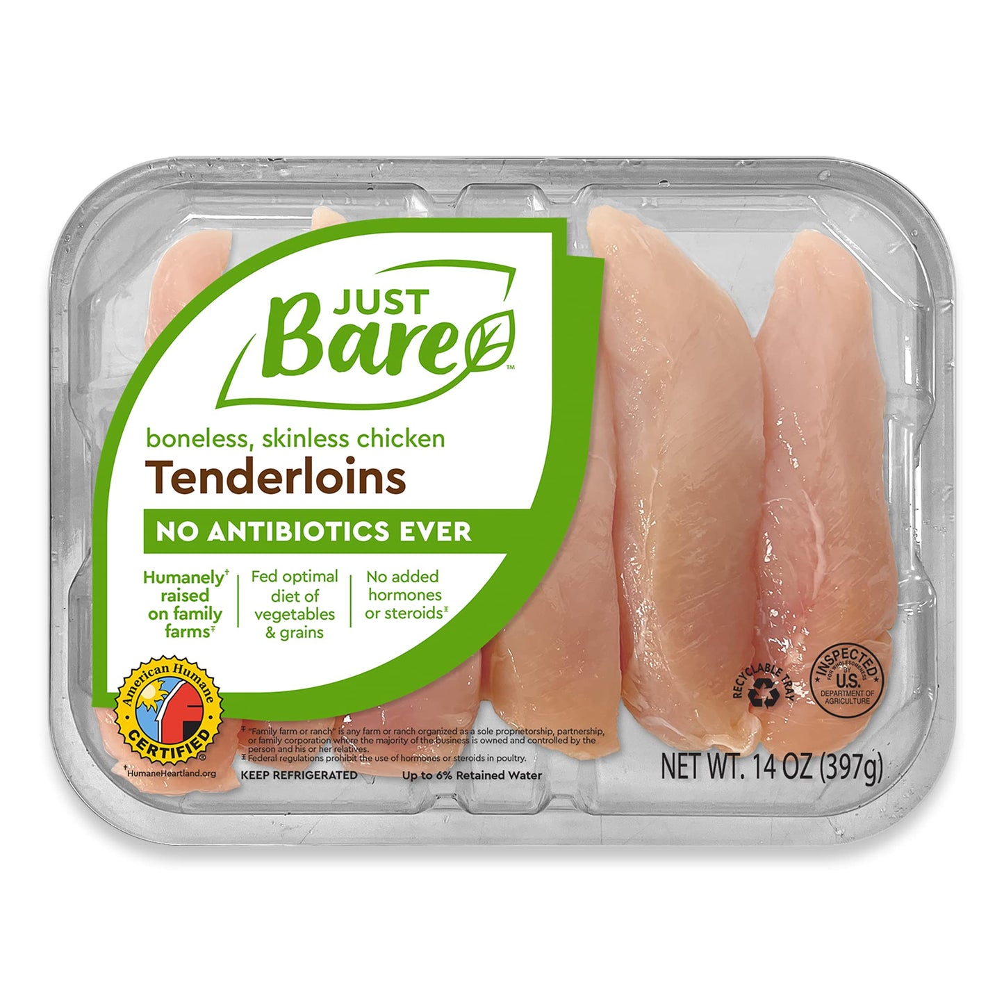 Just Bare Natural Fresh Chicken Tenders | No Antibiotics Ever | Boneless | Skinless | 0.88 LB