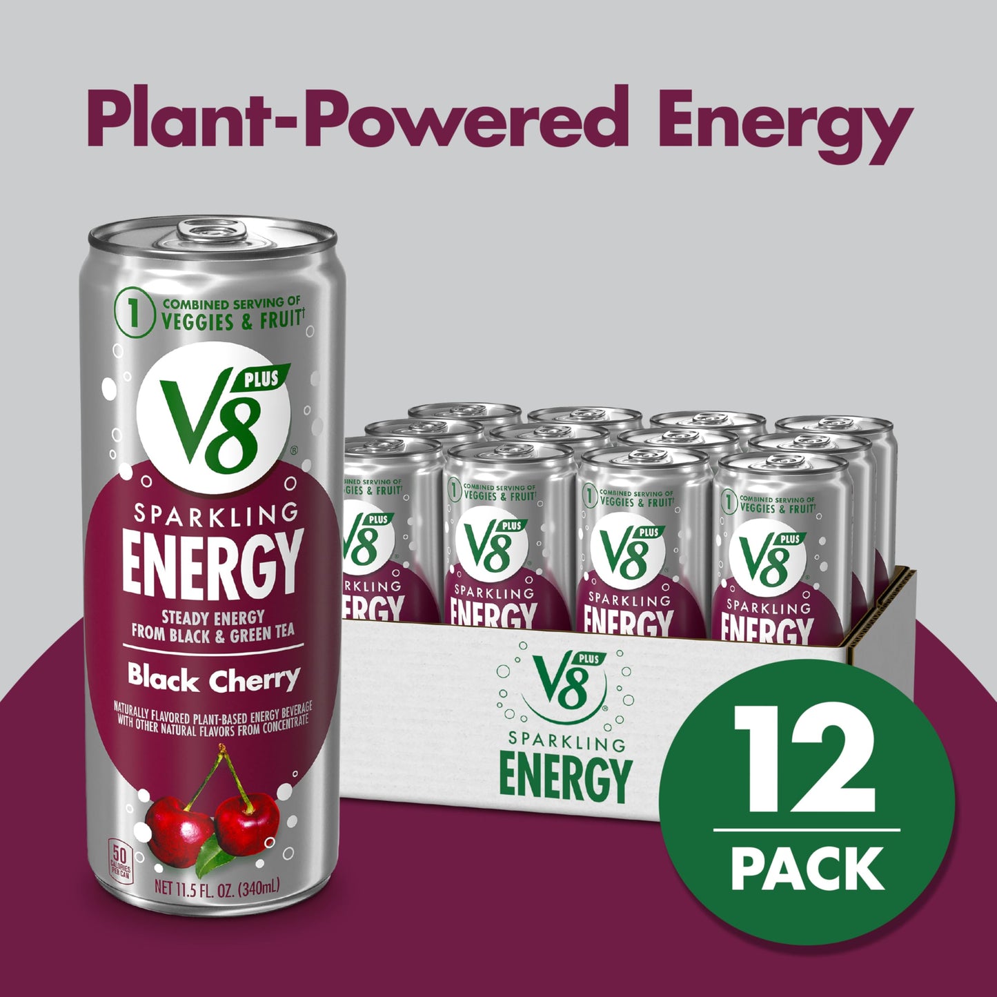 V8 +ENERGY Sparkling Black Cherry Juice Energy Drink, Pack of 12 (11.5 Fl Oz)
