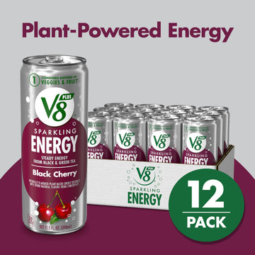 V8 +ENERGY Sparkling Black Cherry Juice Energy Drink, Pack of 12 (11.5 Fl Oz)