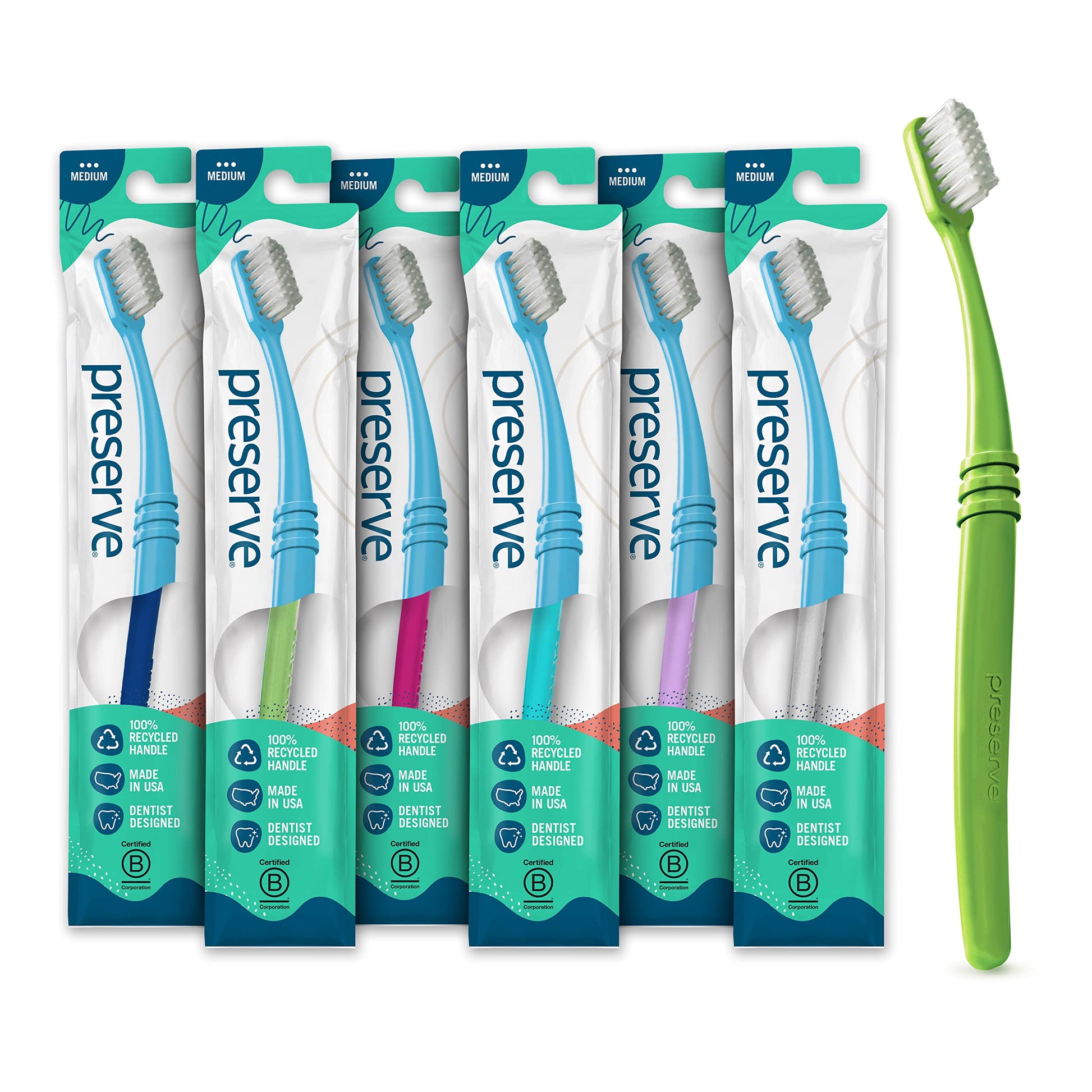 Preserve Eco Friendly Adult Toothbrushes, Made In The Usa From Recycled Plastic, Lightweight Pouch, Medium Bristles, Colors Vary, 6 Pack