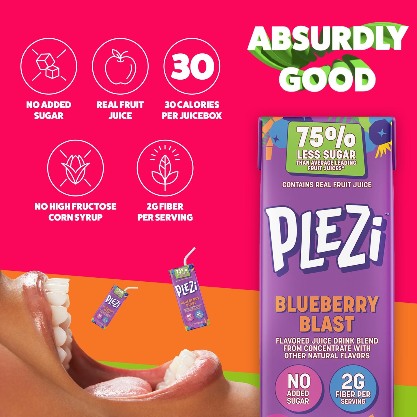 PLEZi Fruit Juice Boxes For Kids, Blueberry Blast - Low Sugar Drinks with Dietary Fiber, Healthy Vitamin C, and Potassium Electr