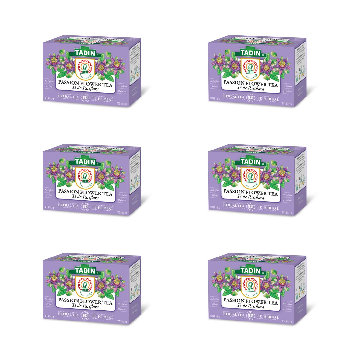 Tadin Passion Flower Herbal Tea, Caffeine-Free, 24 Tea Bags, Pack of 6