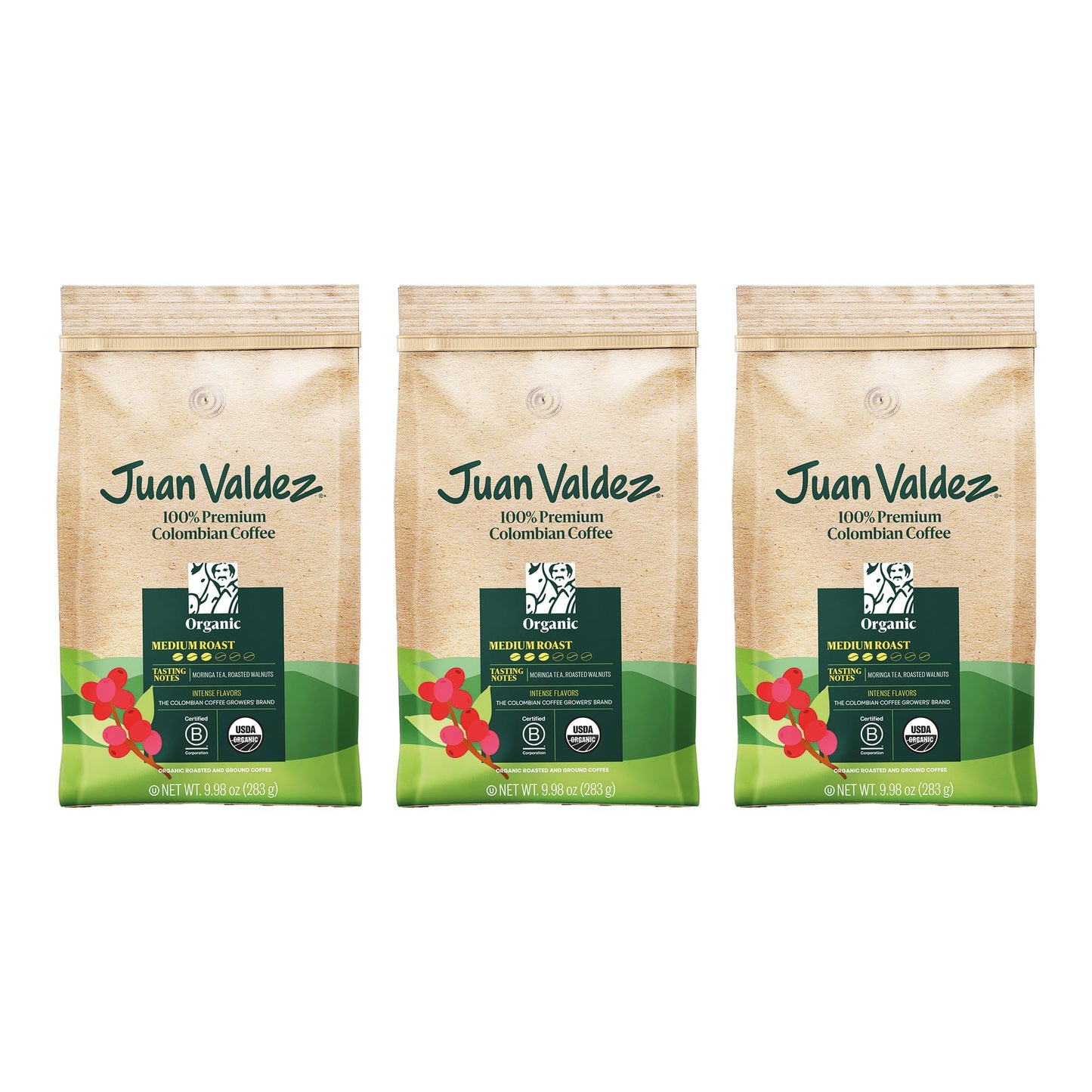Juan Valdez Organic Ground Coffee, Balanced Roast, 10 Ounce, Pack of 3, USDA Organic Certified, 100% Chemical-Free