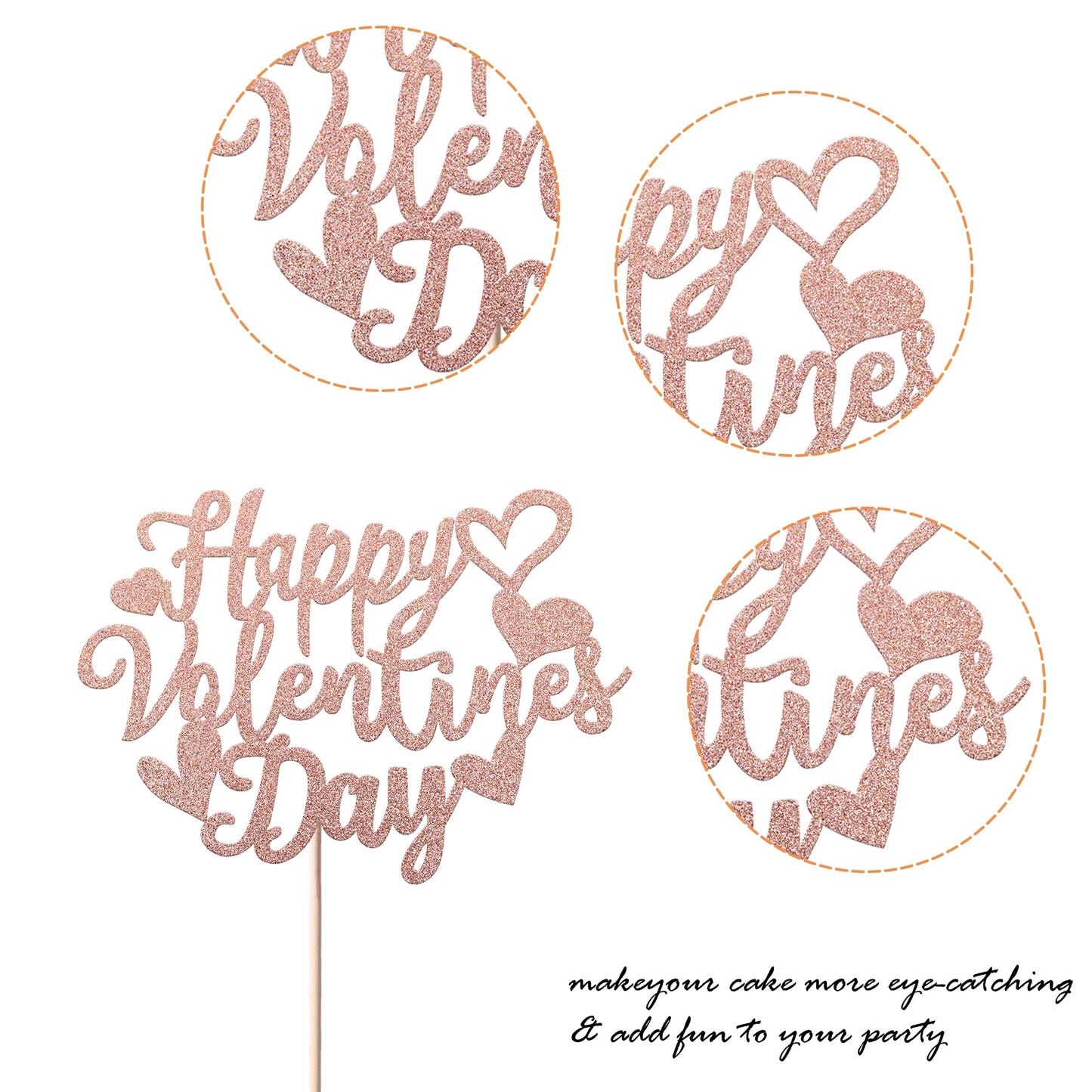 YCTHUNFISH Cake Topper - Glitter Heart Design for Valentines Day, Engagement, Birthday - Rose Gold, Bamboo Material