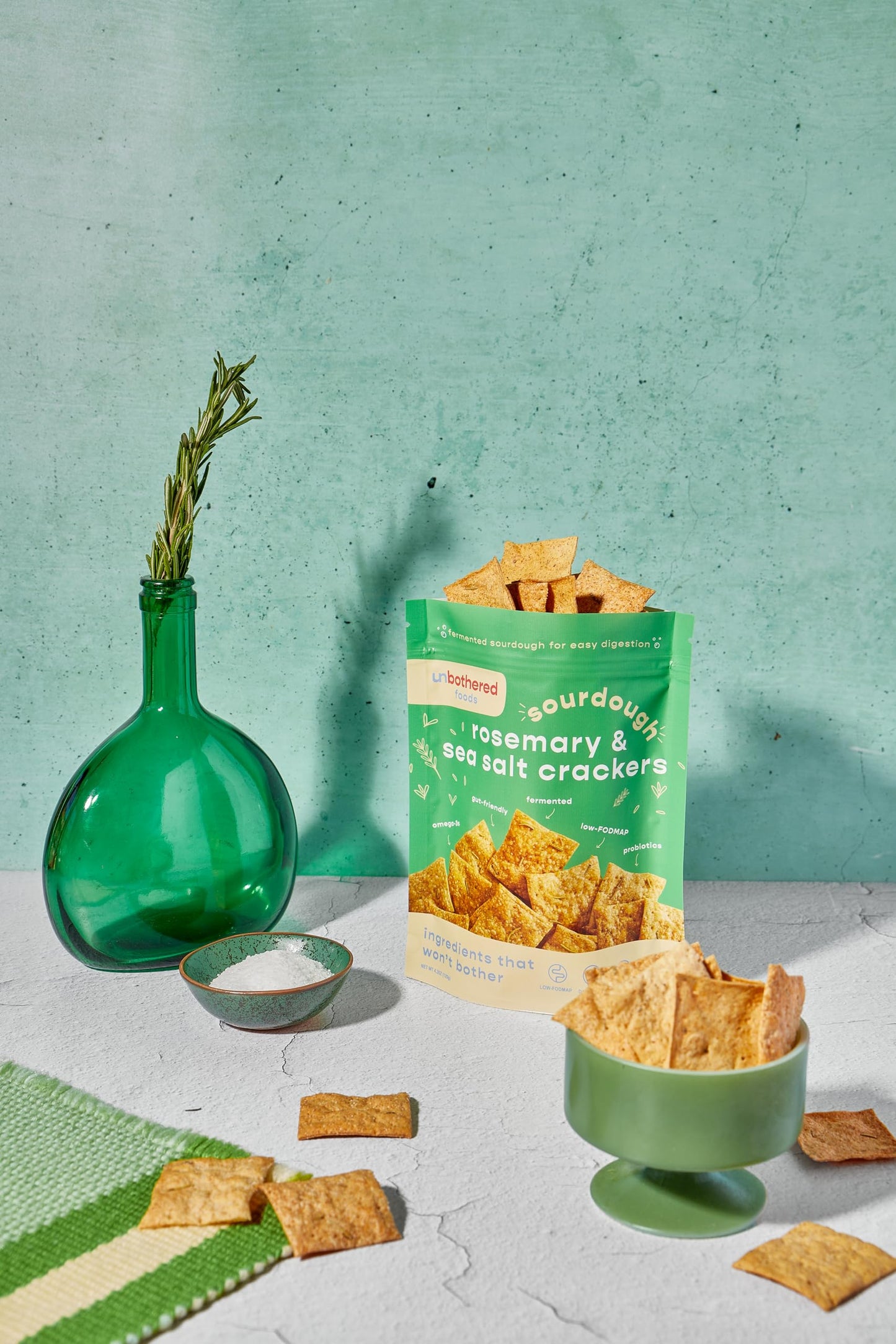 Unbothered Foods Rosemary & Sea Salt Sourdough Crackers - Gut-Friendly & Easy to Digest, Non-GMO, No Added Sugar, Nut-Free, Perf