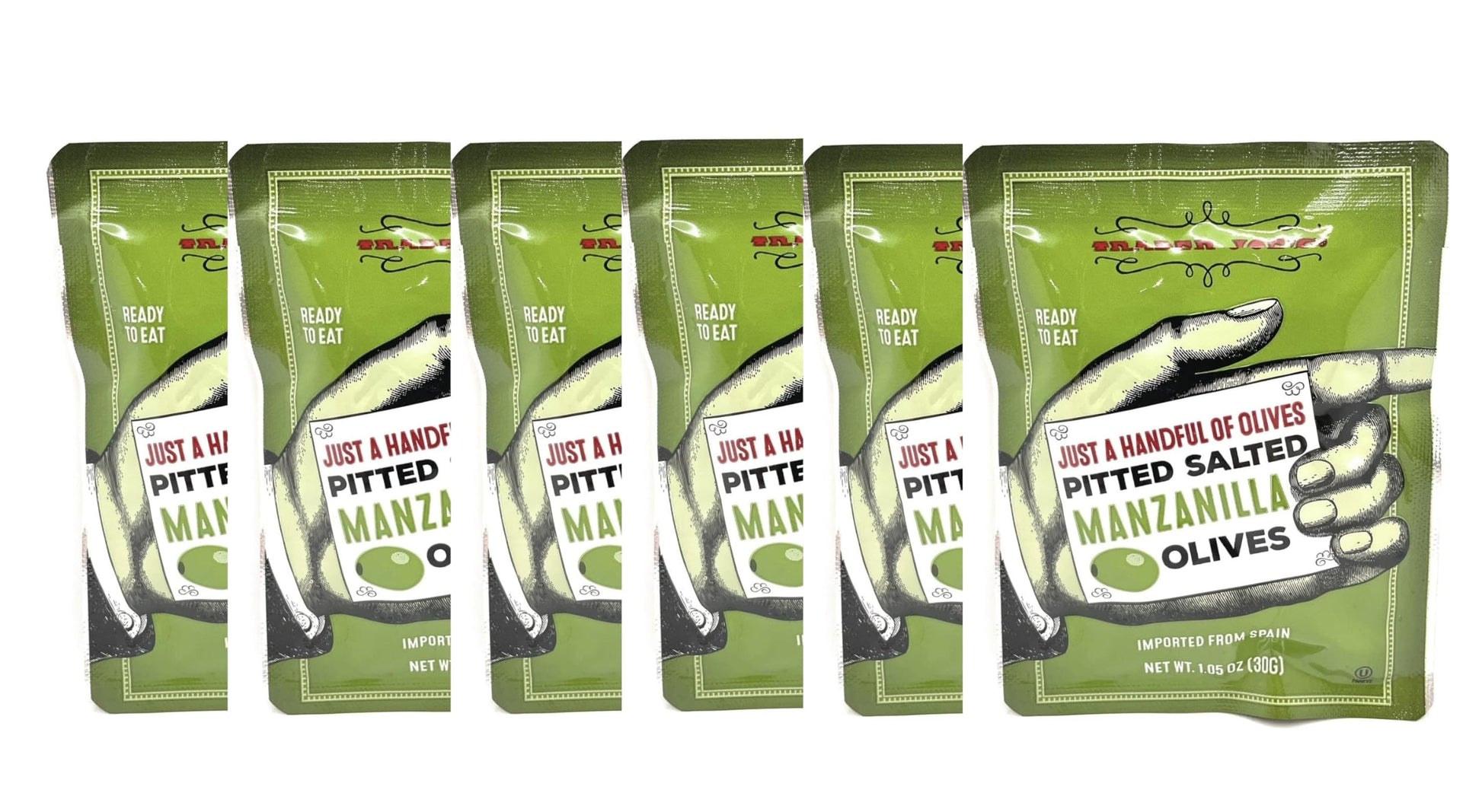 Just a Handful of Pitted Salted Manzanilla Olives 1.05 oz each (Pack of 6)