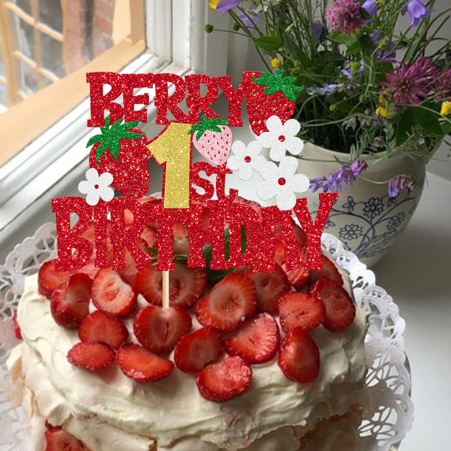 YCTHUNFISH Birthday Cake Topper Red Glitter Flower for Strawberry Theme Party, Paper Material
