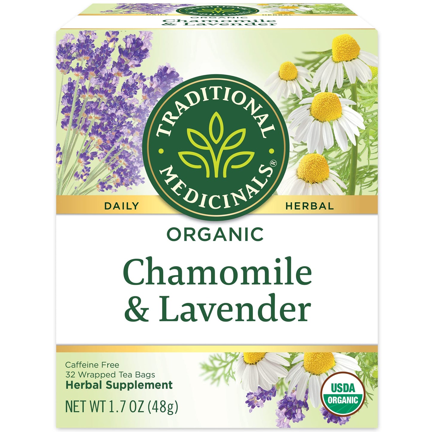 Traditional Medicinals Organic Chamomile & Lavender Herbal Tea, Settles Nervous System, (Pack Of 4) - 64 Tea Bags Total