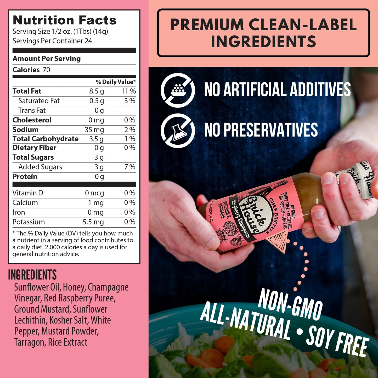 Brick House Raspberry Vinaigrette Salad Dressing - Low Sodium, Low Carb, Gluten Free, 12 oz