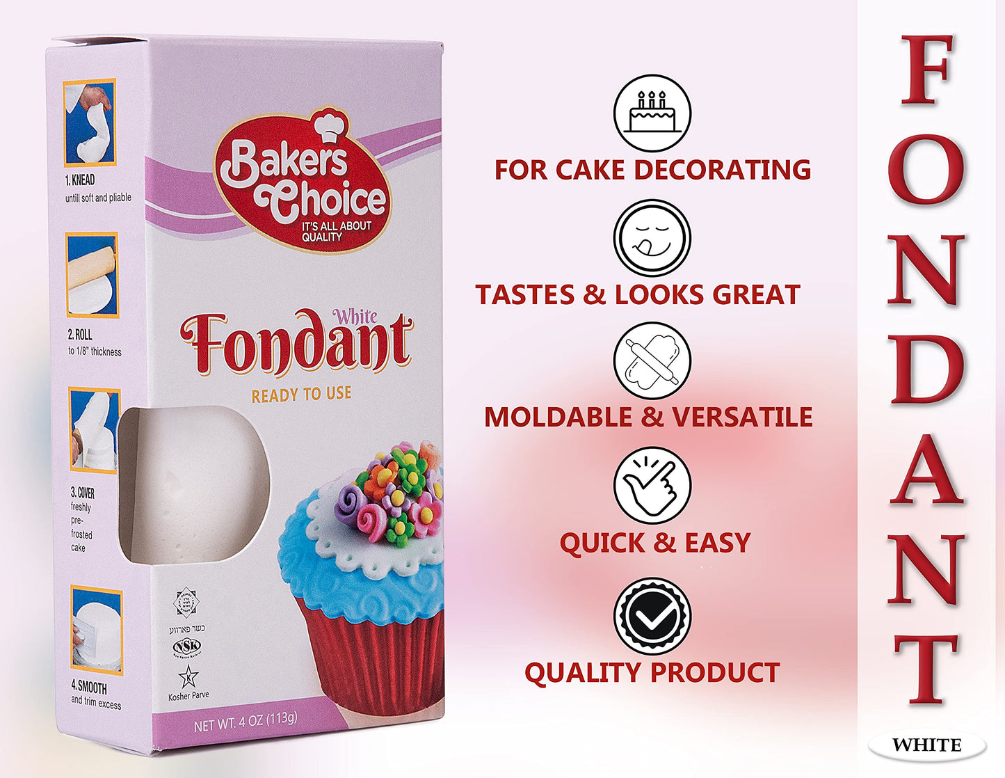 Bakers Choice White Fondant Icing - 4 oz - Easy to Use Cake Decorating Frosting - Dairy Free, Nut Free