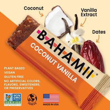 Bahamii Snack Bars, Dates & Nuts, Gluten Free, Vegan, 12 Pack, No Added Sugar, Good Source of Fiber, Coconut Vanilla