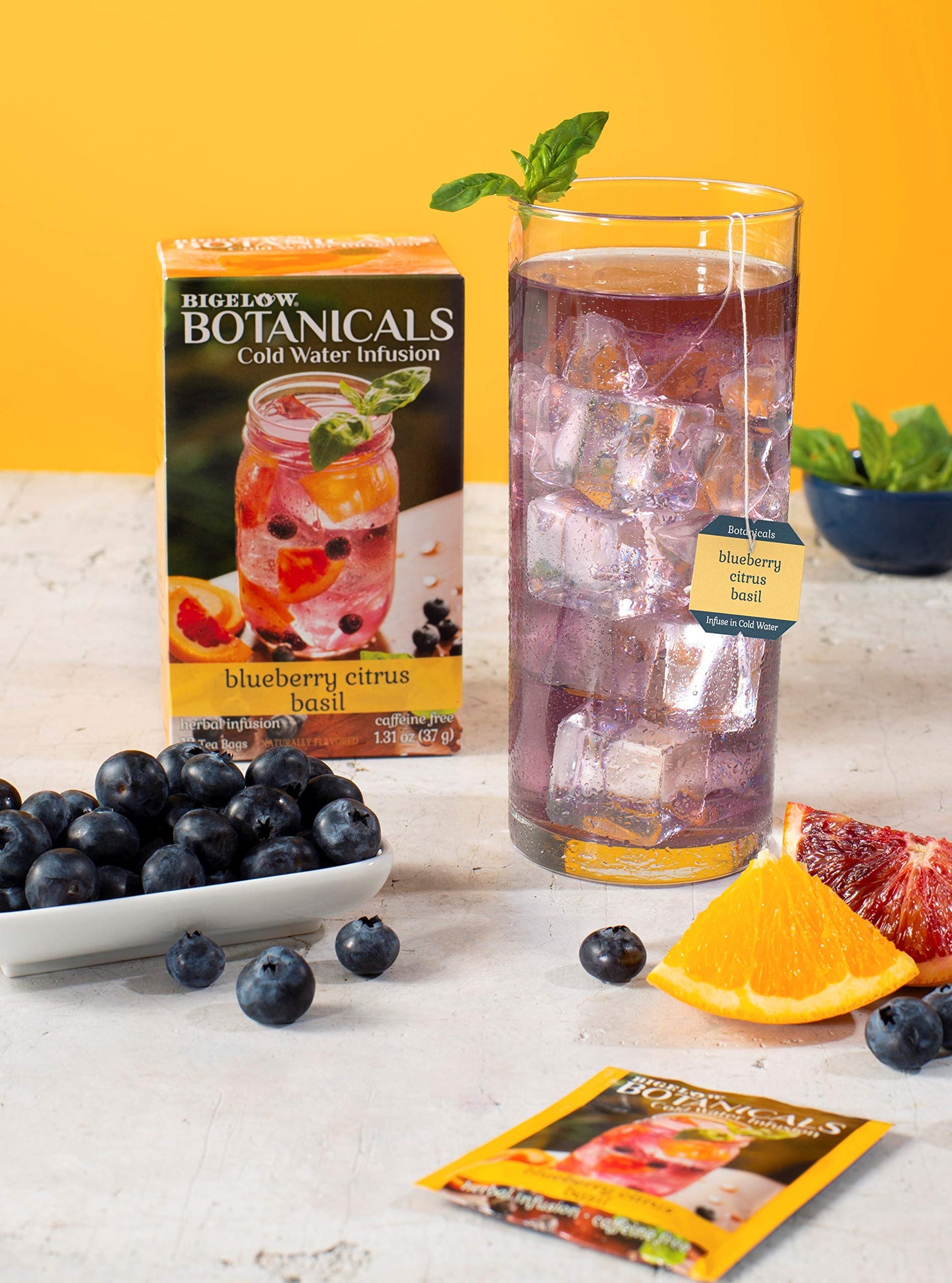 Bigelow Tea Cold Water Infusion Blueberry Citrus Basil Herbal Tea Bags, Caffeine Free, 18 Count Box