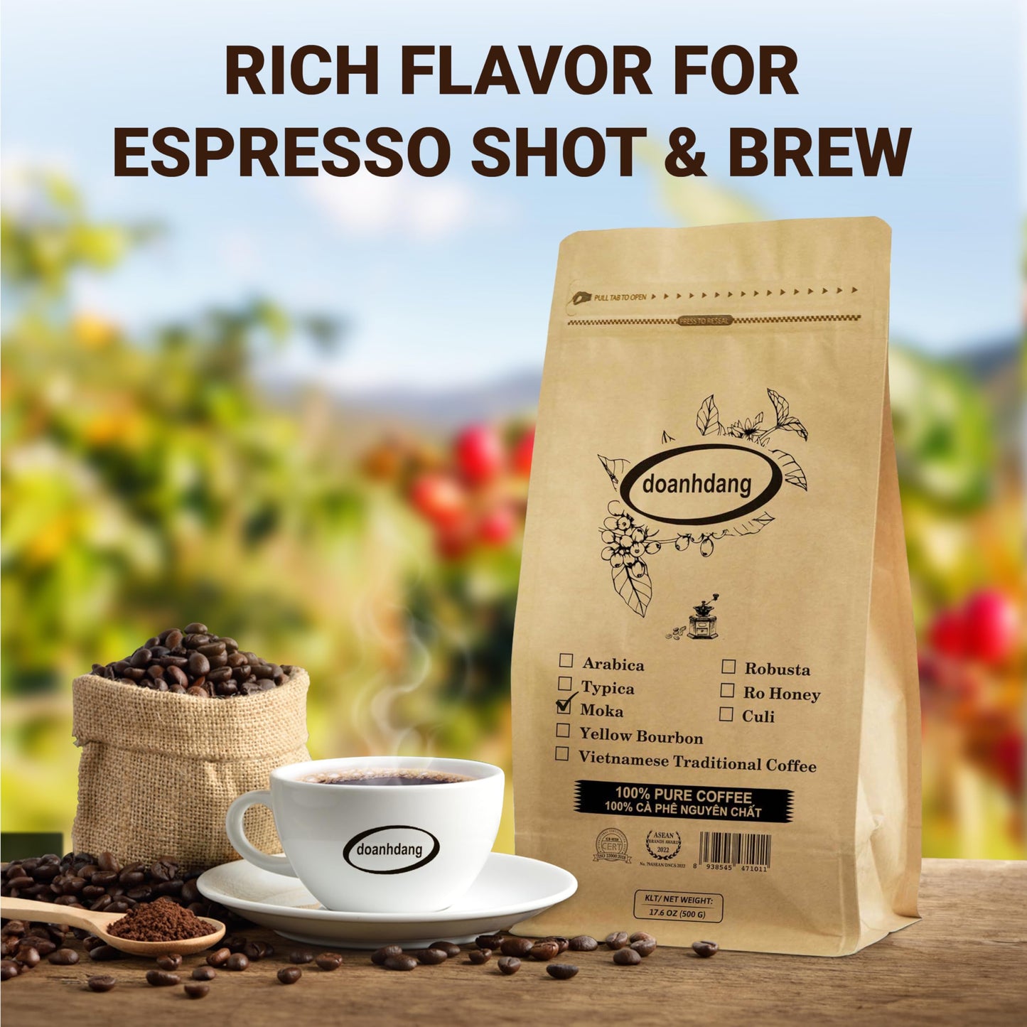 Doanhdang - 17.6 Oz Enhanced Moka Whole Bean Coffee, 100% Medium Roast, Rich Flavor For Espresso Shot And Brew, Origin From Vietnam, Whole Med Roast Beans