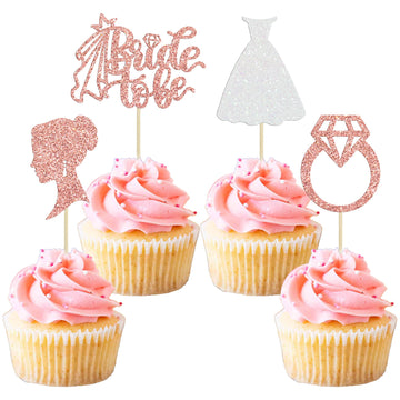Gyufise 24 Pack Rose Gold Glitter Bride To Be Cupcake Toppers With Heart Ring Dress Bridal Shower Cupcake Picks Wedding Engageme