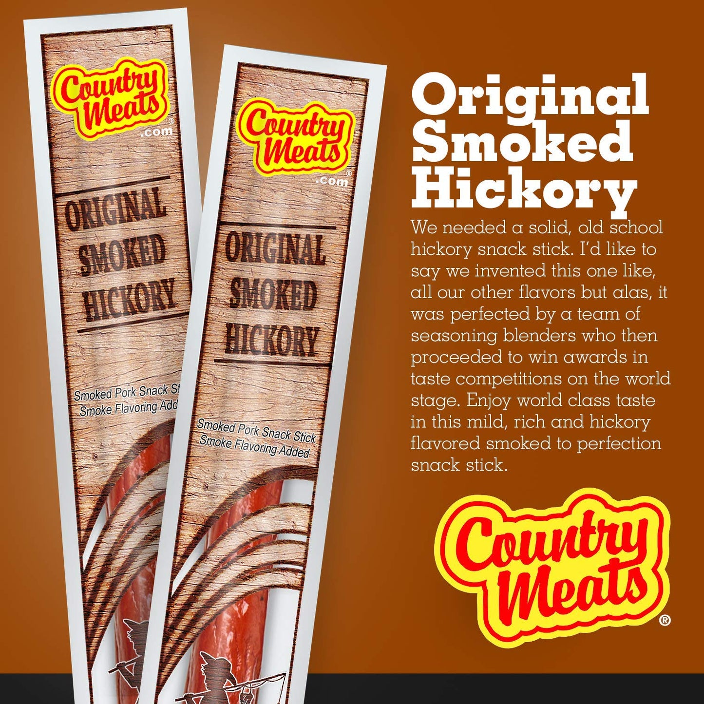 Country Meats Meat Sticks, 0 Trans Fat, Good Source of Protein, Original Smoked Hickory, Pack of 24