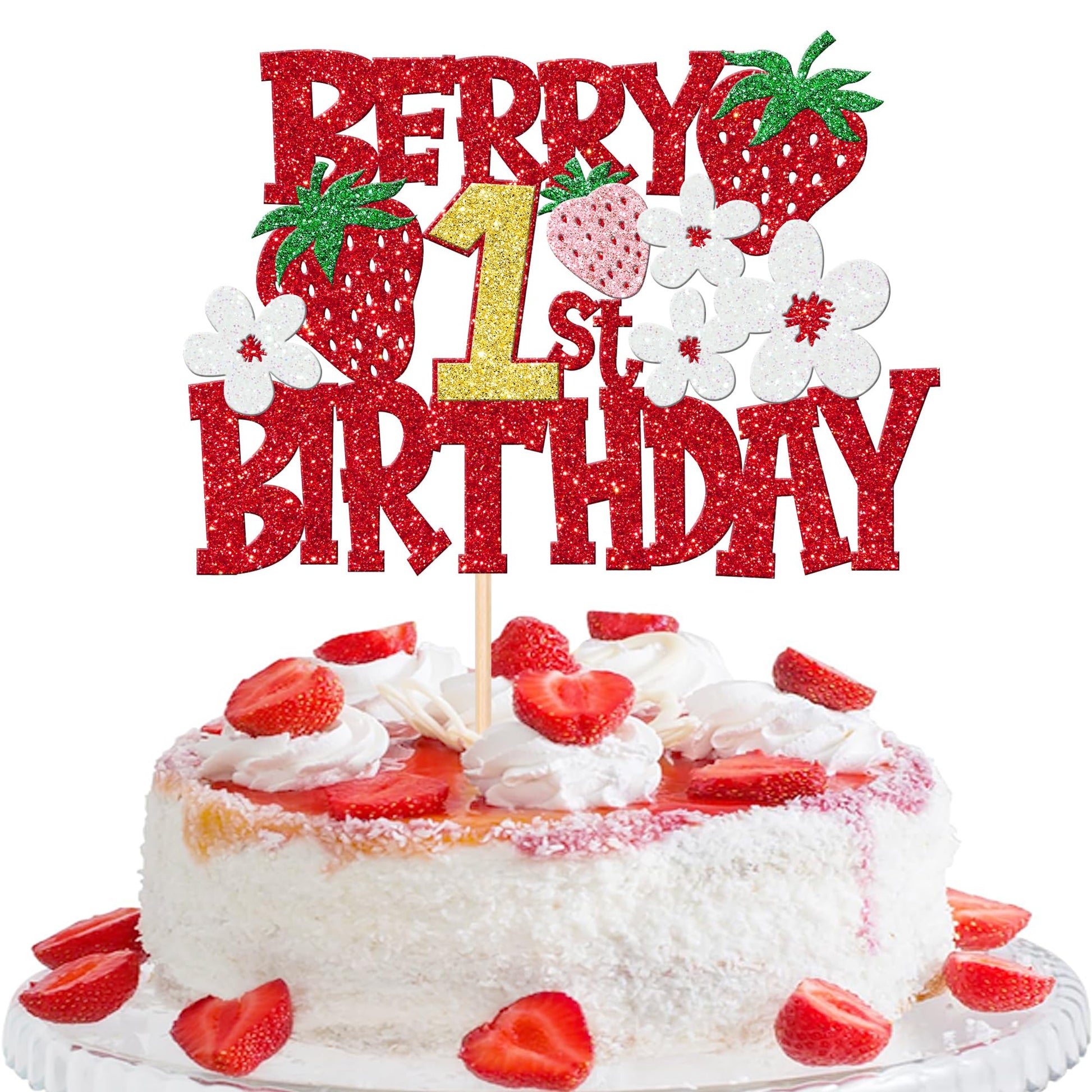1 Pcs Berry 1St Birthday Cake Topper Red Glitter Flower Fruit Sweet One Strawberry Cake Pick First Birthday Strawberry One Cake