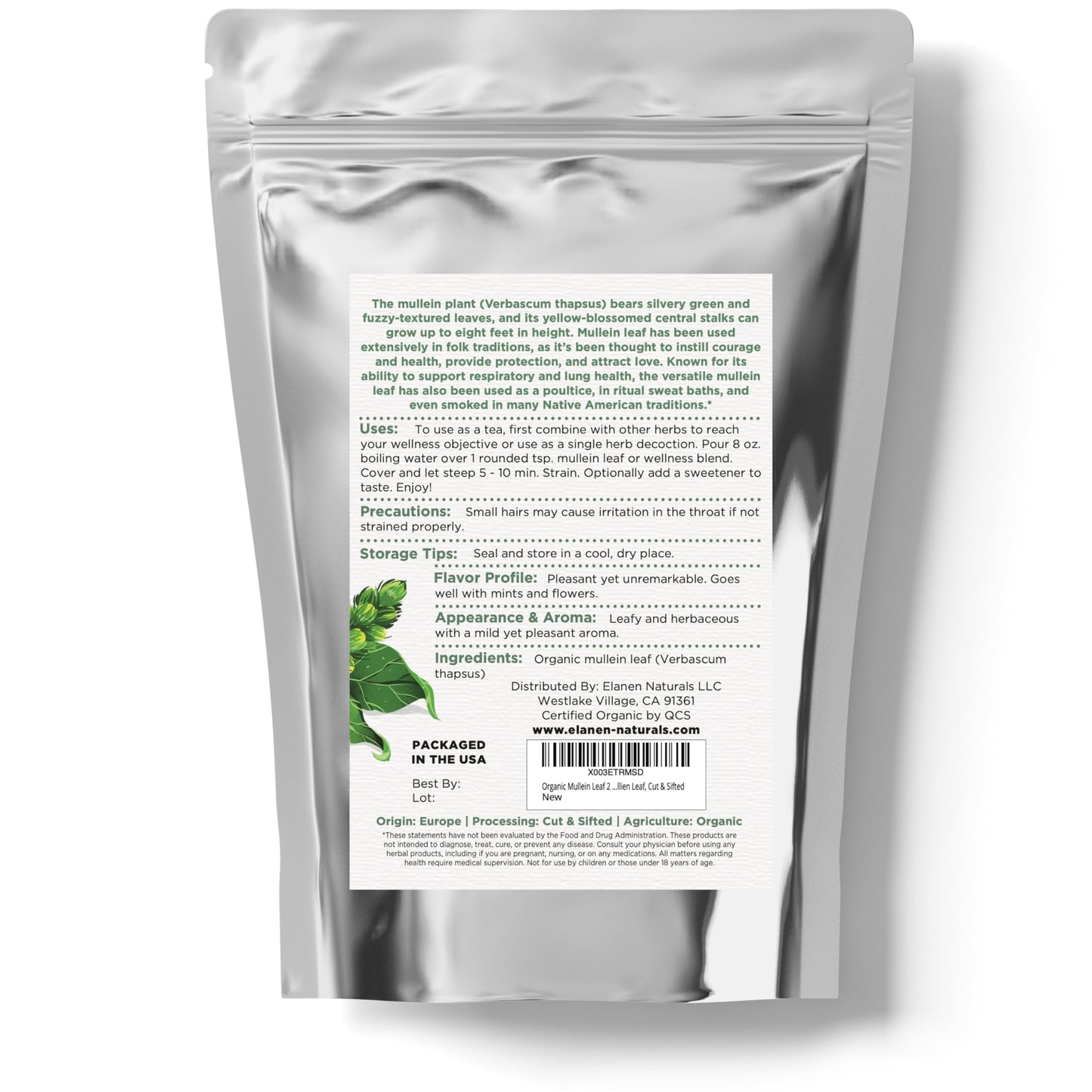 ELANEN naturals Organic Mullein Leaf Tea, Cut & Sifted, 2 oz (57g), USDA Certified Organic