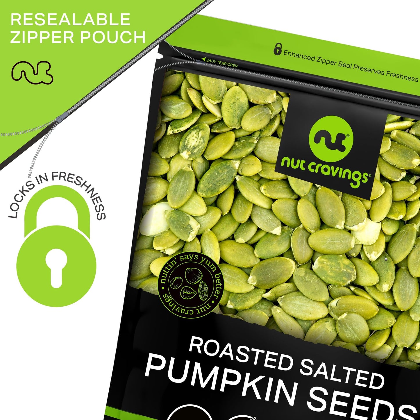 NUT CRAVINGS - Roasted & Salted Pumpkin Seeds, Pepitas, No Shell (16oz - 1 LB) Packed Fresh in Resealable Bag - Nut Snack - Food