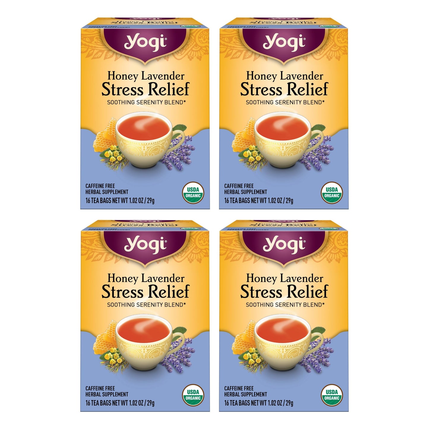 Yogi Tea Honey Lavender Stress Relief - Organic Chamomile Tea - 16 Bags per Pack (4 Packs) - Yellow and Blue - Model 076950204546