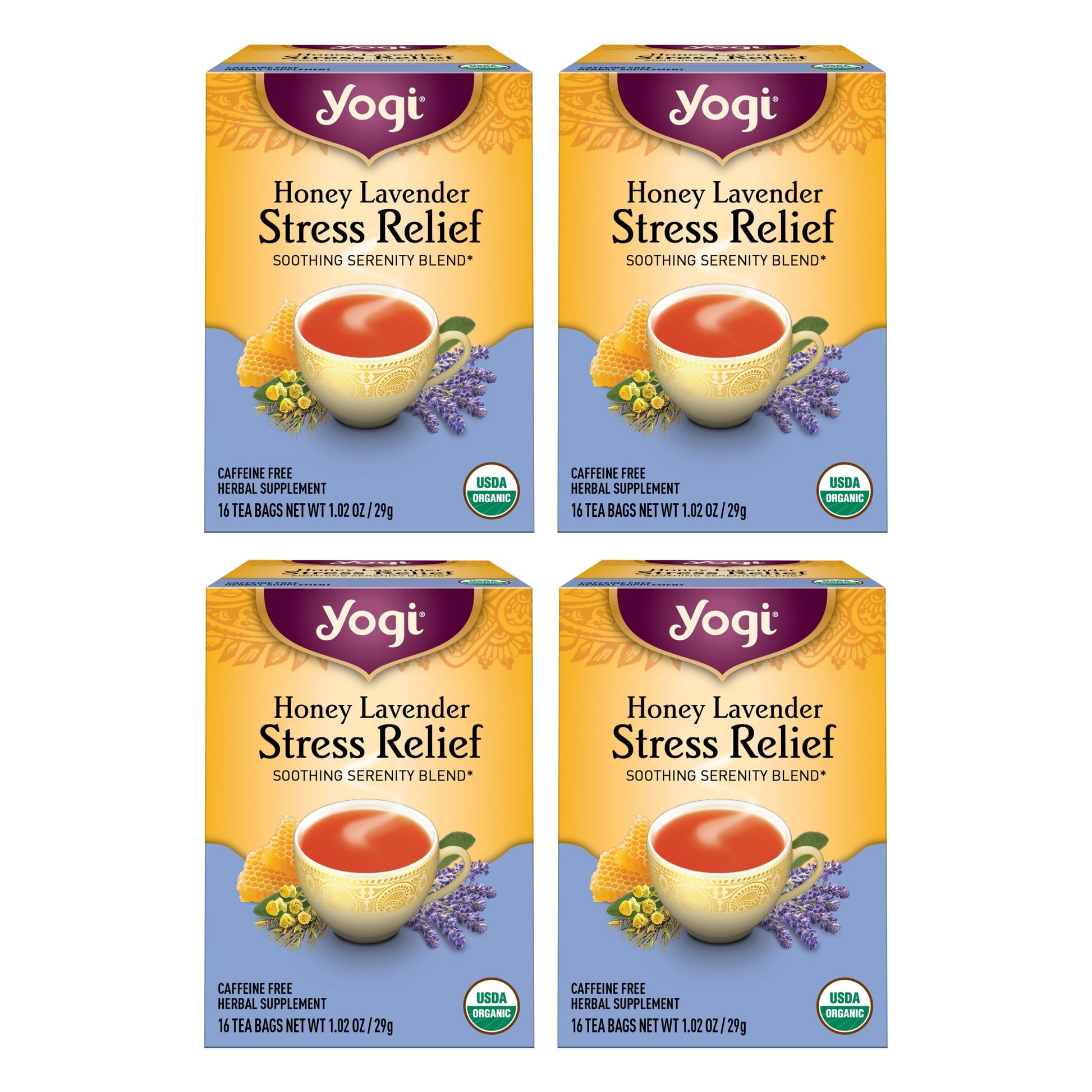 Yogi Tea Honey Lavender Stress Relief - Organic Chamomile Tea - 16 Bags per Pack (4 Packs) - Yellow and Blue - Model 076950204546