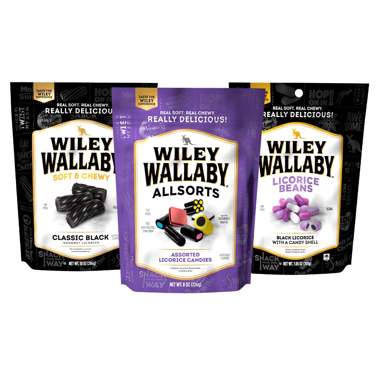 Wiley Wallaby Black Licorice Variety Pack - All Sorts, Black Beans & Black Classic Gourmet Australian Style Soft & Chewy Licoric