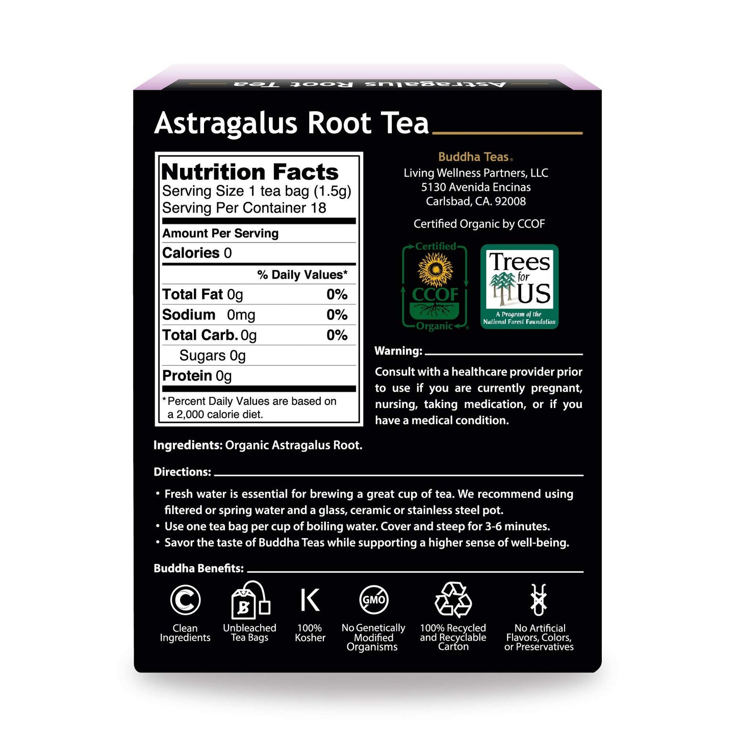 Buddha Teas Organic Astragalus Root Tea - OU Kosher, USDA Organic, 18 Bleach-Free Tea Bags, 18 Count, Pack of 1
