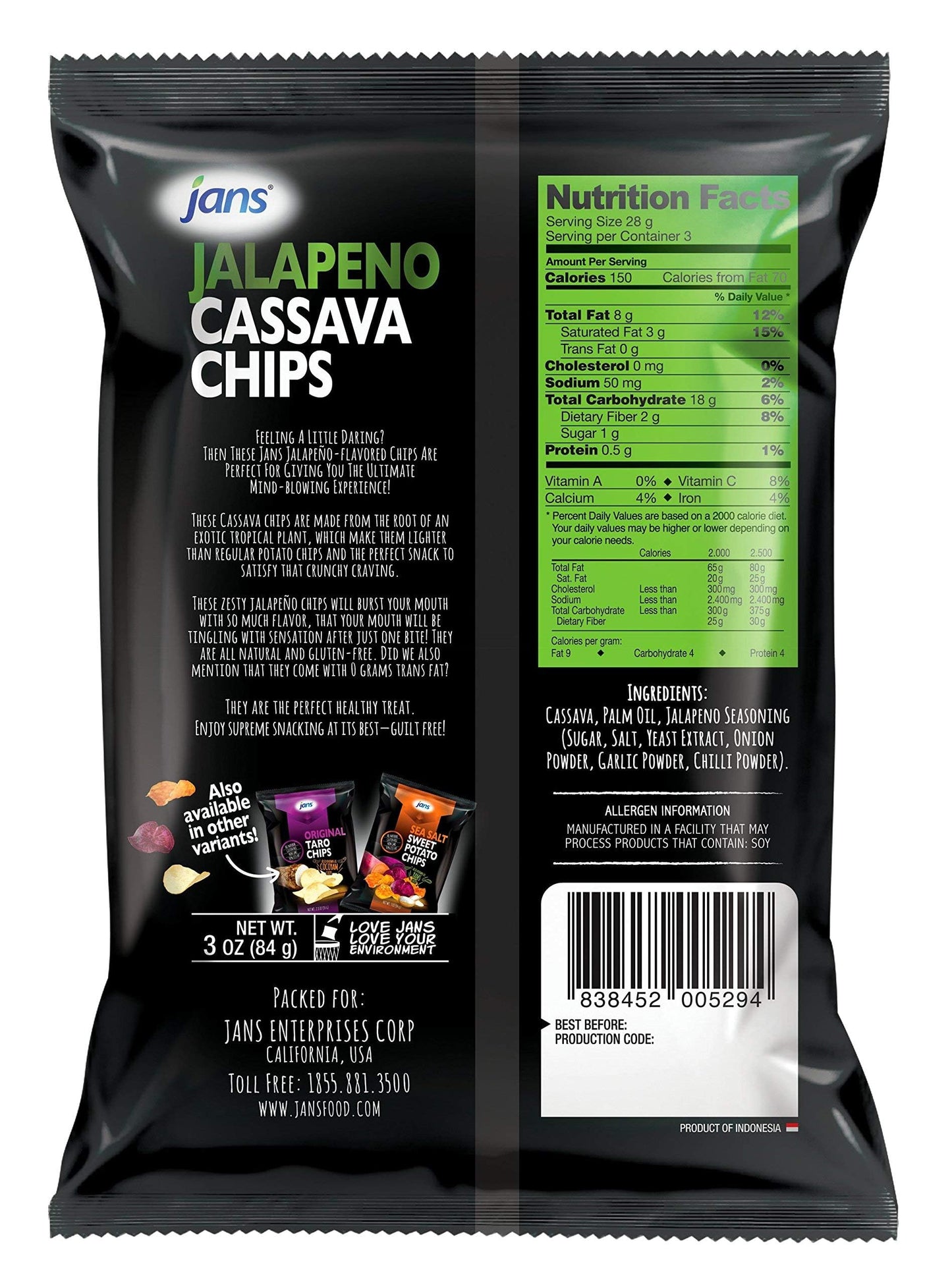 Jans Root Chips, Jalapeno Cassava Chips, 3 oz - Pack of 12, Gluten-Free, Snack Food