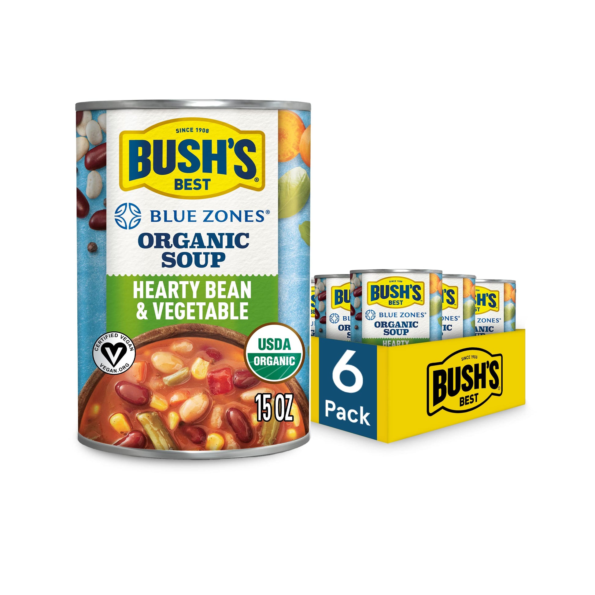Bush'S Best 15 Oz Blue Zones Hearty Vegetable Soup, Source Of Plant Based Protein And Fiber, Low Fat, Gluten Free, (Pack Of 6)
