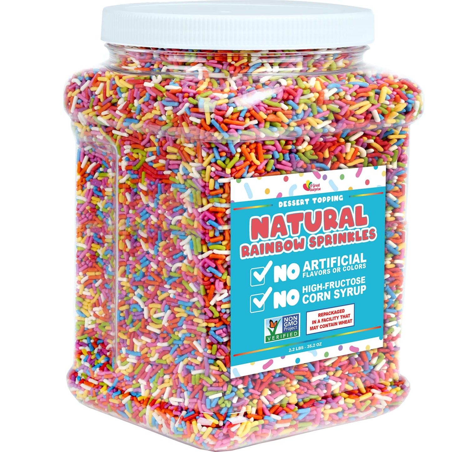 Dye Free Sprinkles - 2.2 Pounds - Rainbow Jimmies For Ice Cream - Vegan, No Artificial Dyes - Bulk Sprinkles - Non-Gmo