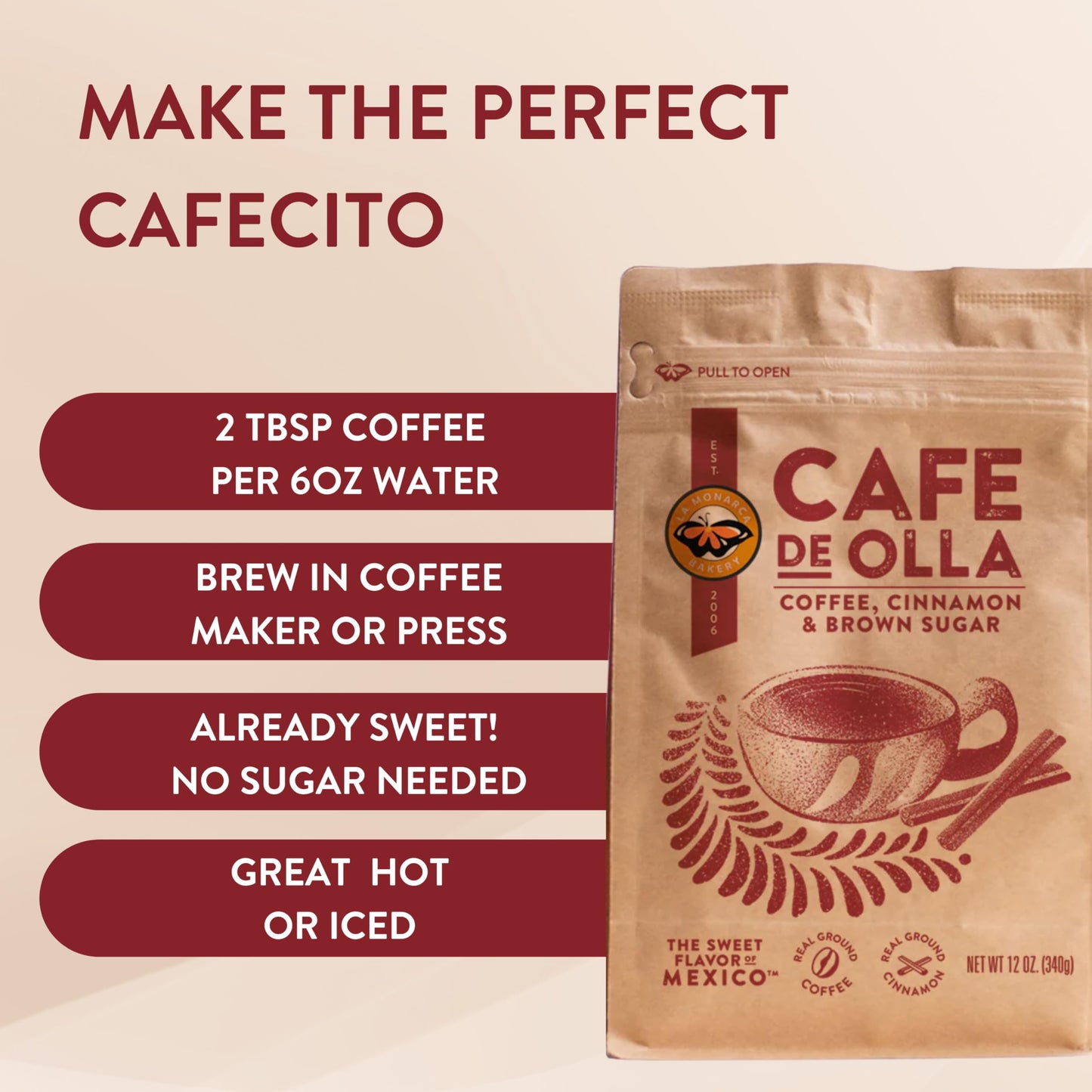Caf? De Olla Ground Coffee  12 Ounce (Pack of 2)  Cinnamon and Brown Sugar Spiced Mexican Dark Roast Coffee by La Monarca Bakery