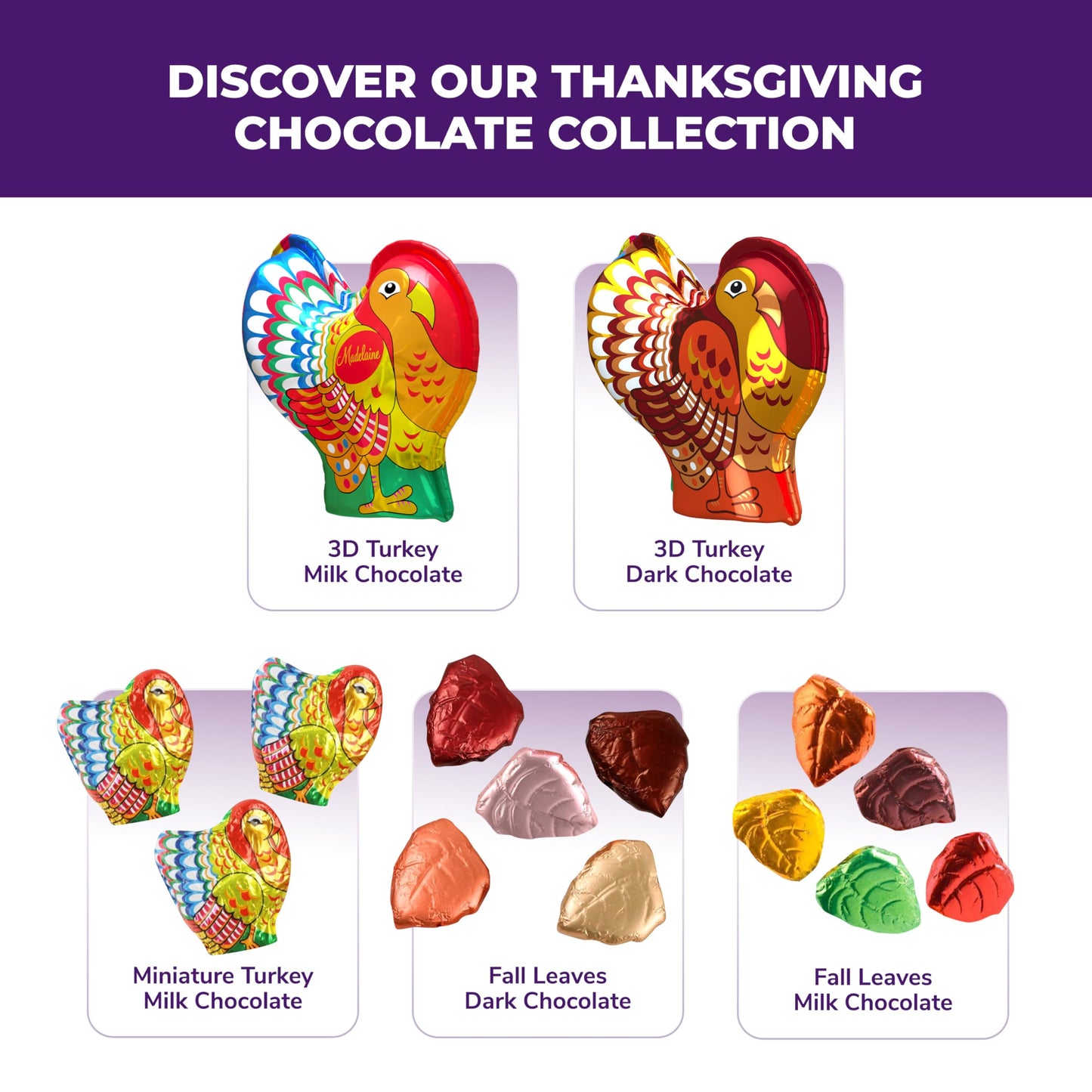 Madelaine Dark Chocolate Turkey Candy - 1 oz Foil-Wrapped Thanksgiving Chocolates - Rich Fall Holiday  & D?cor - 4 Pack Individually Wrapped Turkeys