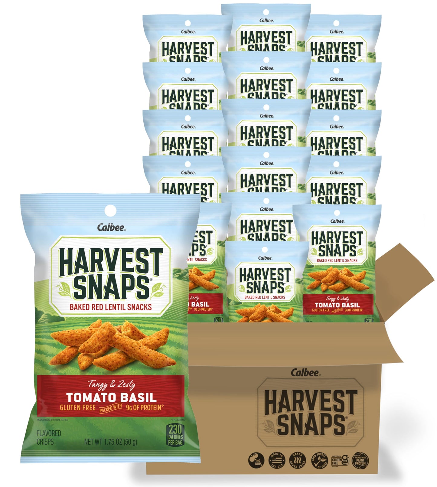 Harvest Snaps Snack Crisps | Tomato Basil, 1.75 Oz. Bag, 16-Pack | Powered by Plant Protein, Gluten Free, Non-GMO Baked Vegetabl