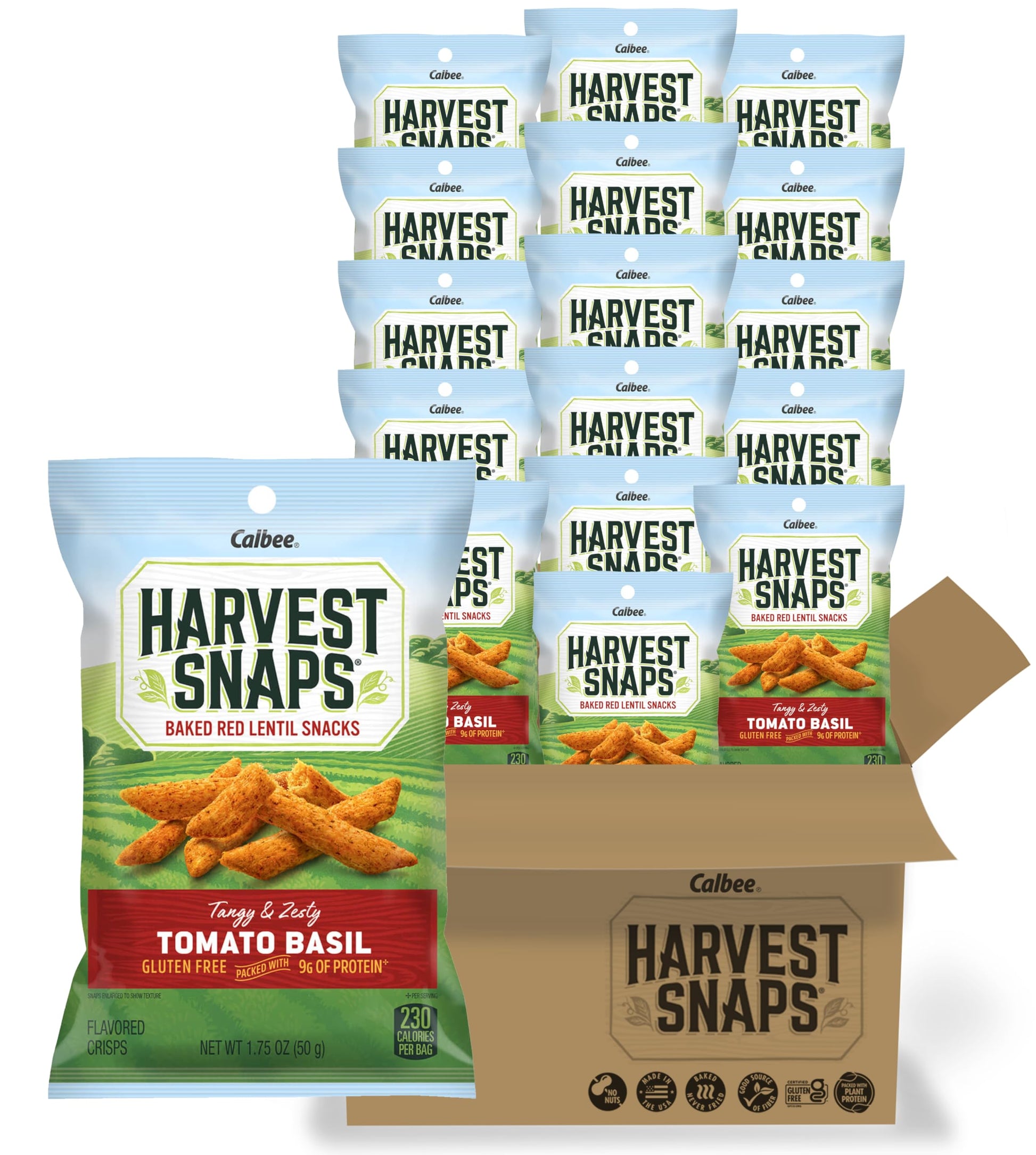 Harvest Snaps Snack Crisps | Tomato Basil, 1.75 Oz. Bag, 16-Pack | Powered by Plant Protein, Gluten Free, Non-GMO Baked Vegetabl