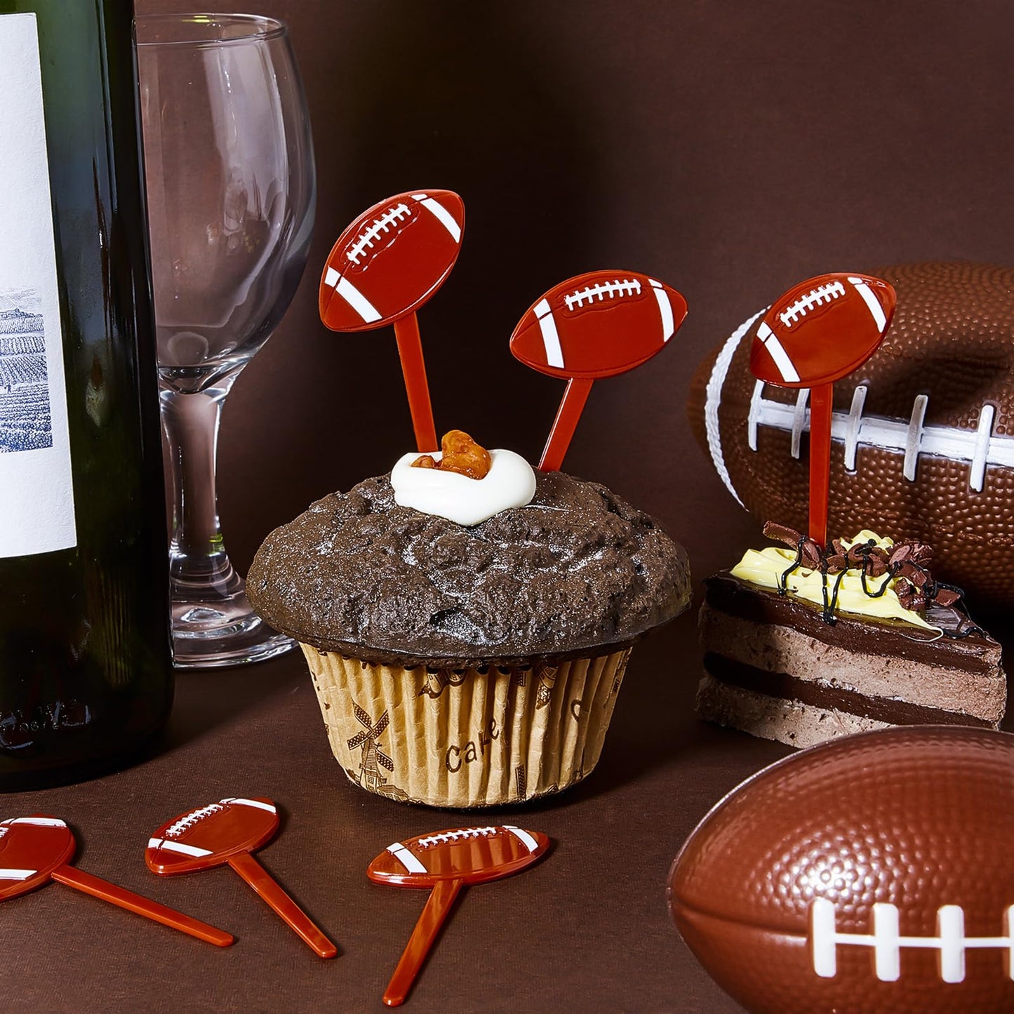 Blulu Football Cupcake Toppers, 48 Count, Acrylic, Brown, Party Decorations
