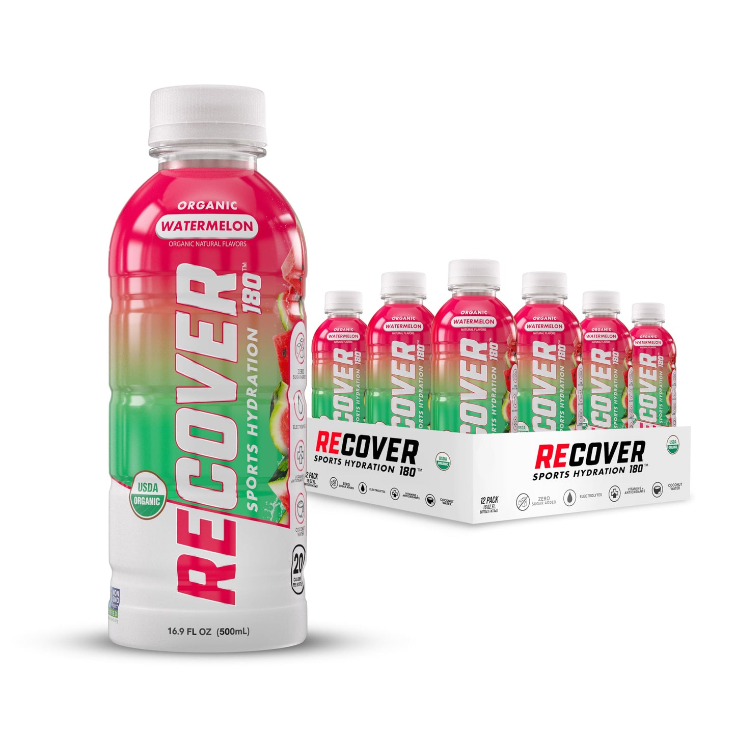 RECOVER 180 Organic Sports Hydration Drink, No Sugar Added, 20 Calorie Sports Beverage, Organic Flavors With Vitamins, Potassium
