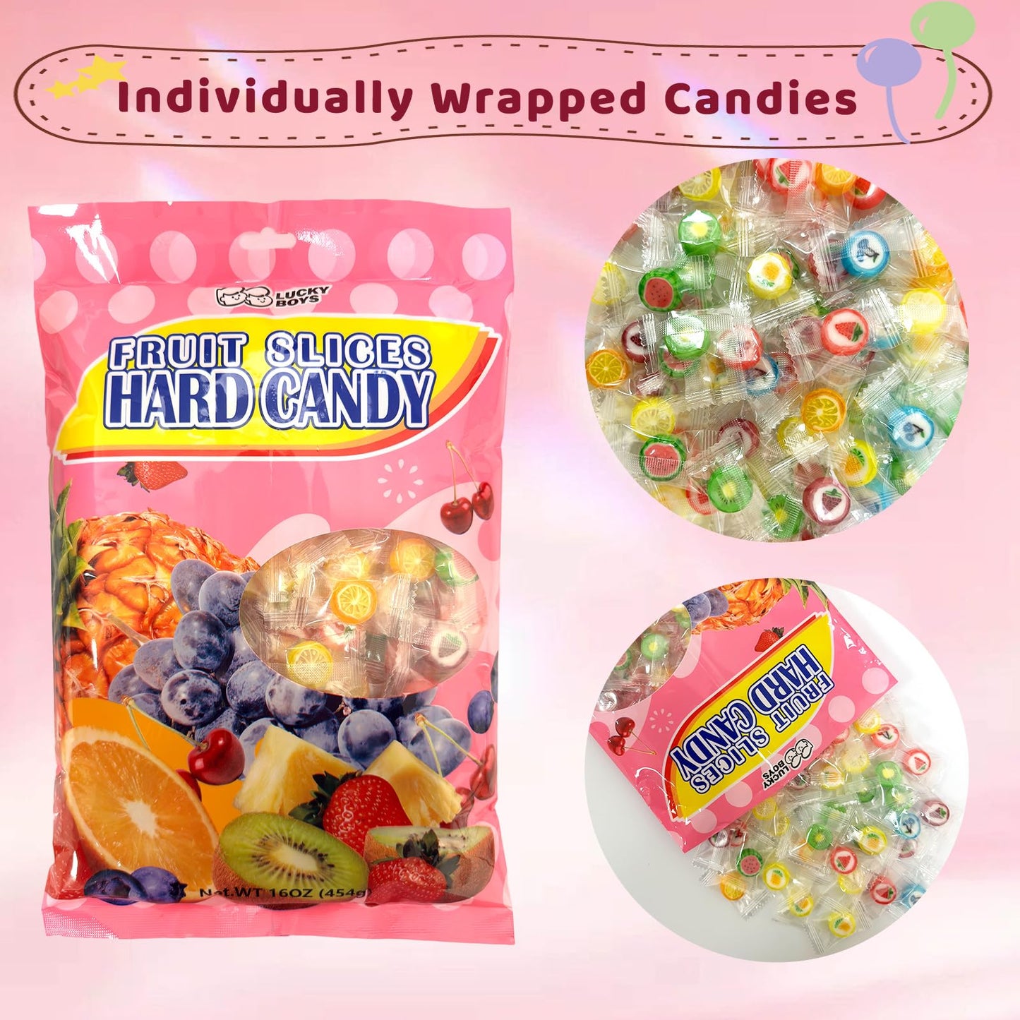 Lucky Boys Fruit Slices Hard Candy Bulk 1 lb Bag - Individually Wrapped Fruity Flavors for Office, Reception, Treat Bags