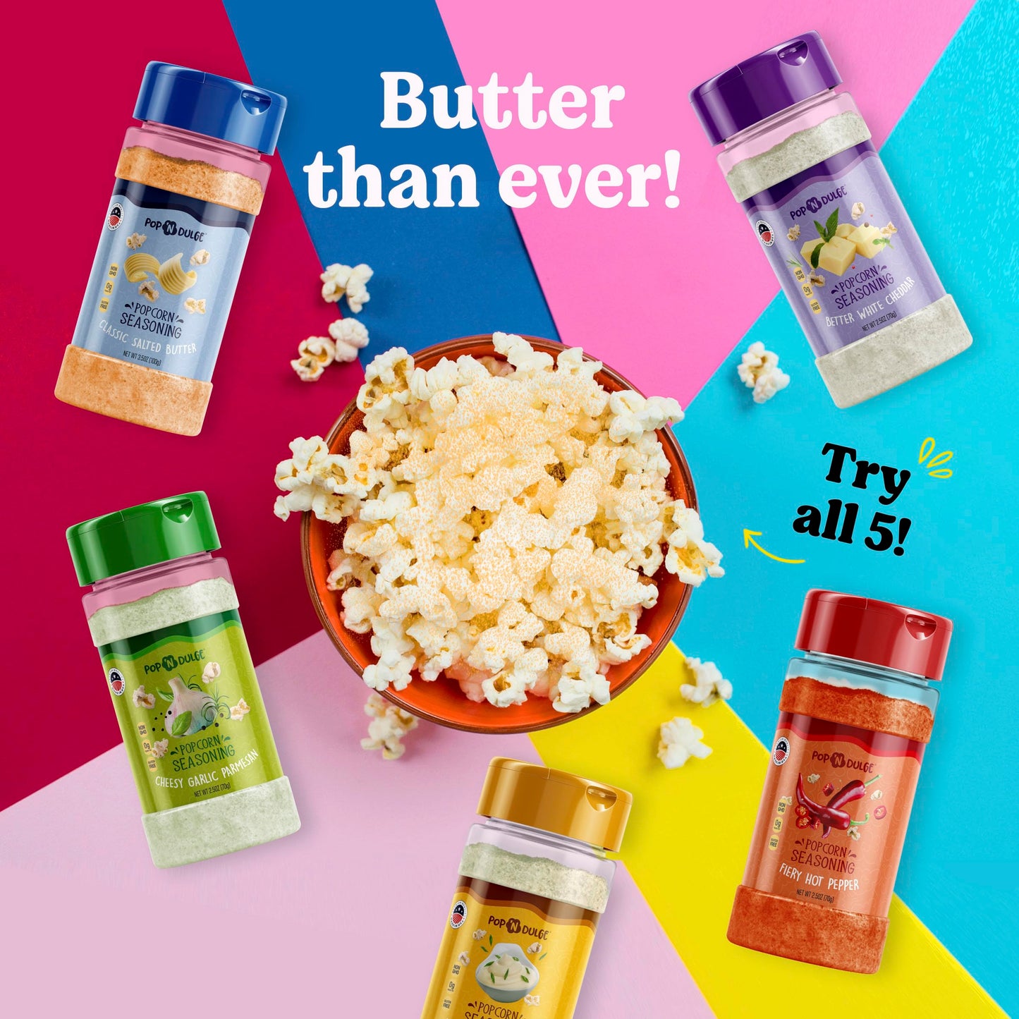 Popcorn Seasoning Popcorn Flavoring Variety Pack Gifts Set Of 5 Popcorn Salt 2.5 Oz Shakers, Non-Gmo Toppings, Movie Night Suppl