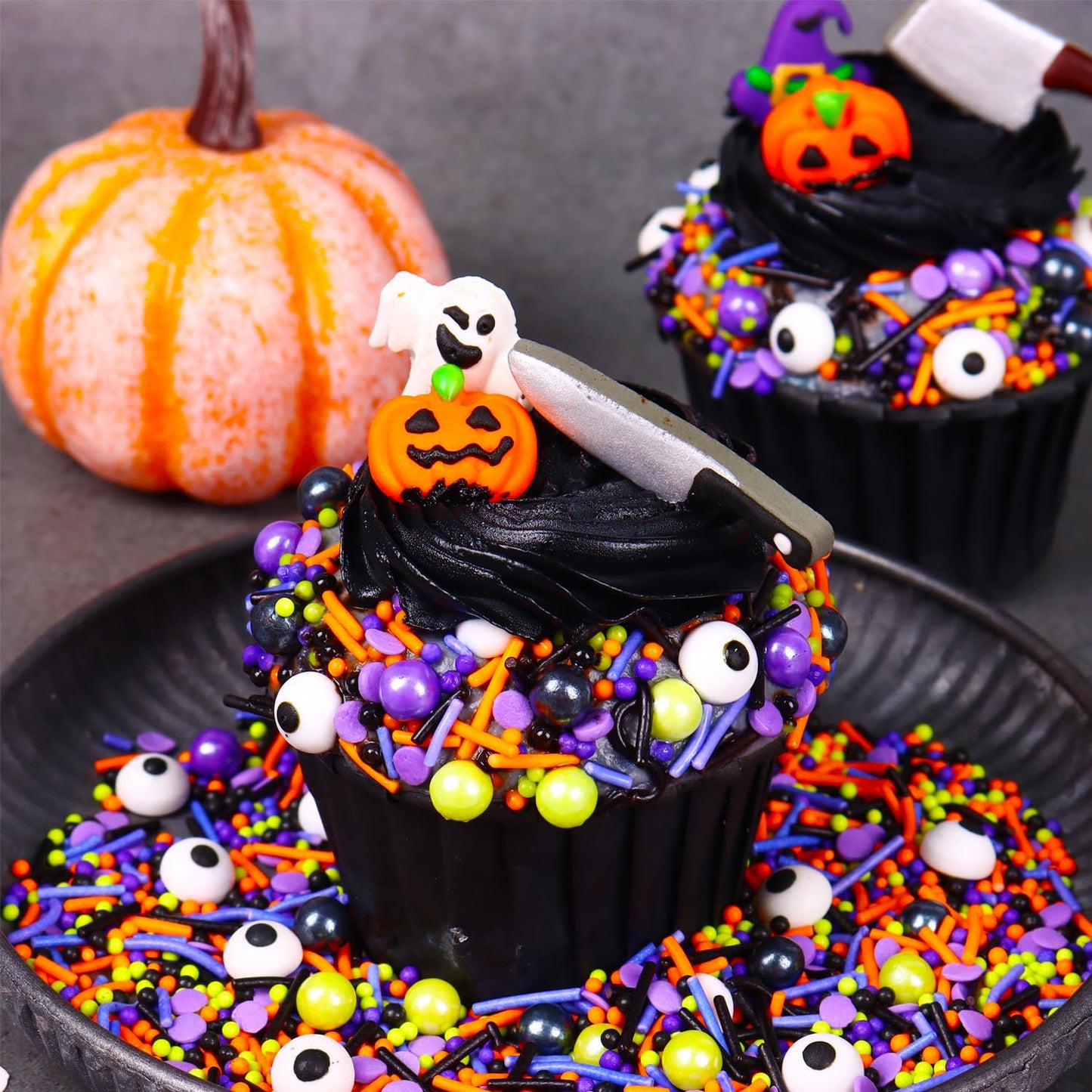 Edible Halloween Cake Decorations  27 Count Royal Icing Toppers for Cakes  Cookies  Cupcakes - Pumpkin  Ghost  Witch Hat  cutting tool  Axe Icing Decoration - Spooky Baking Supplies for Halloween Party
