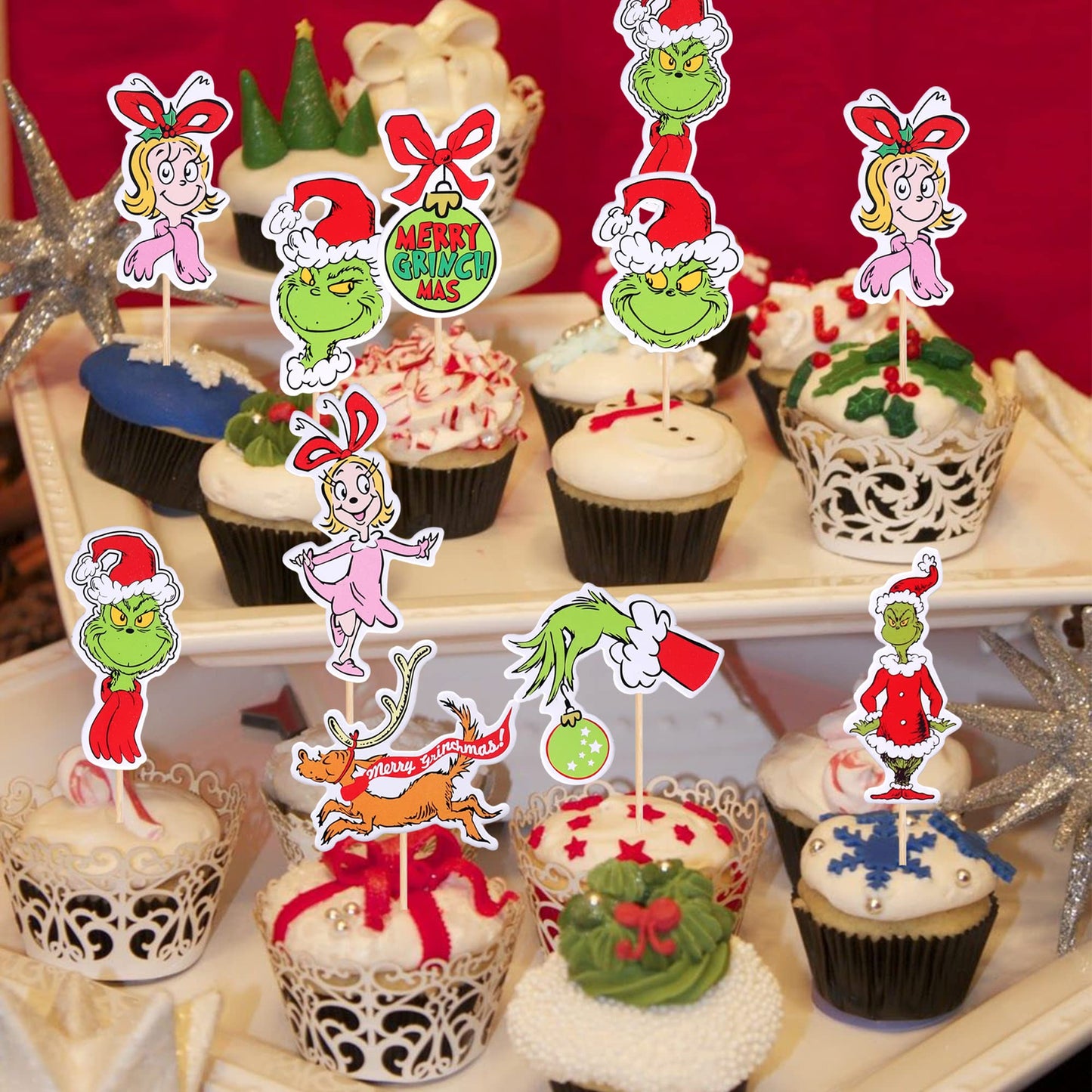36 Pcs Christmas Cupcake Toppers Assembled Double Sided Merry Christmas Cupcake Picks For Christmas Theme Baby Shower Girls Birt
