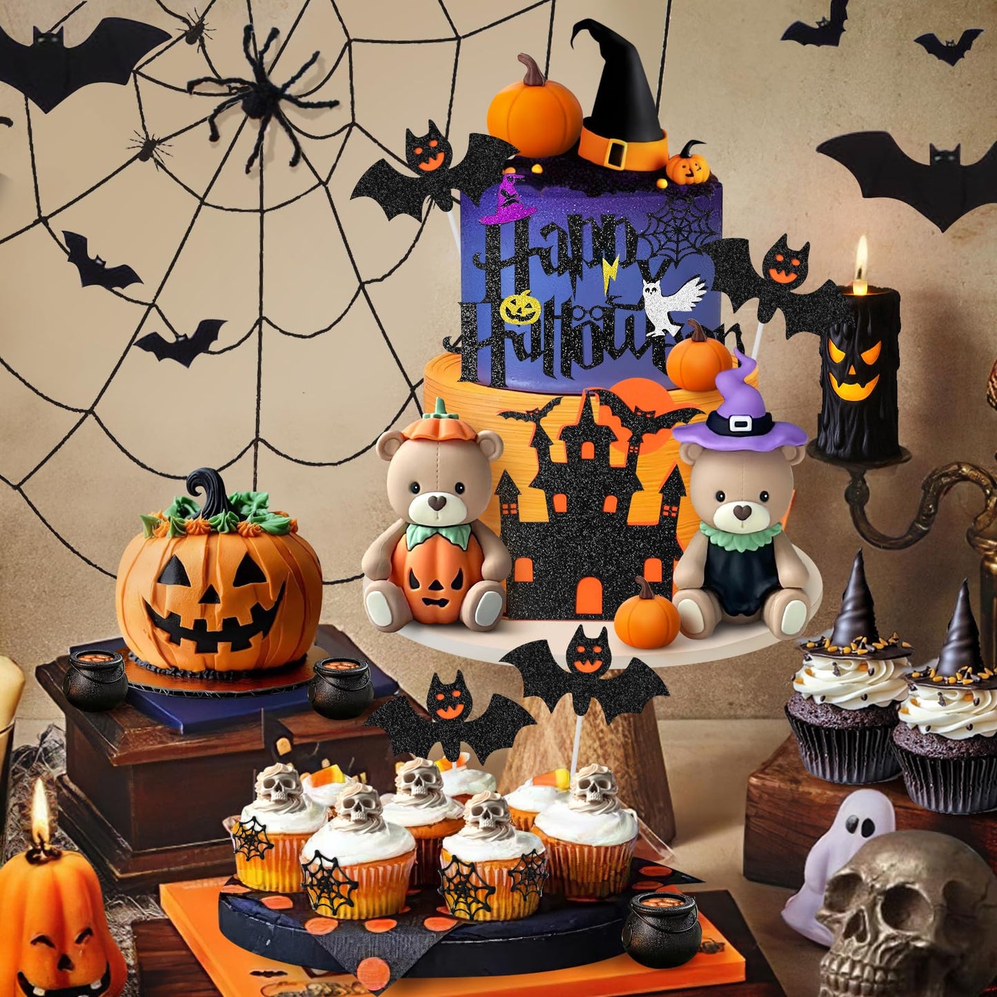 9 PCS Halloween Cake Topper Witch Bear Cake Topper Pumpkin Bat Cake Decorations with Happy Halloween Cake Decorations for Scary Party Supplies