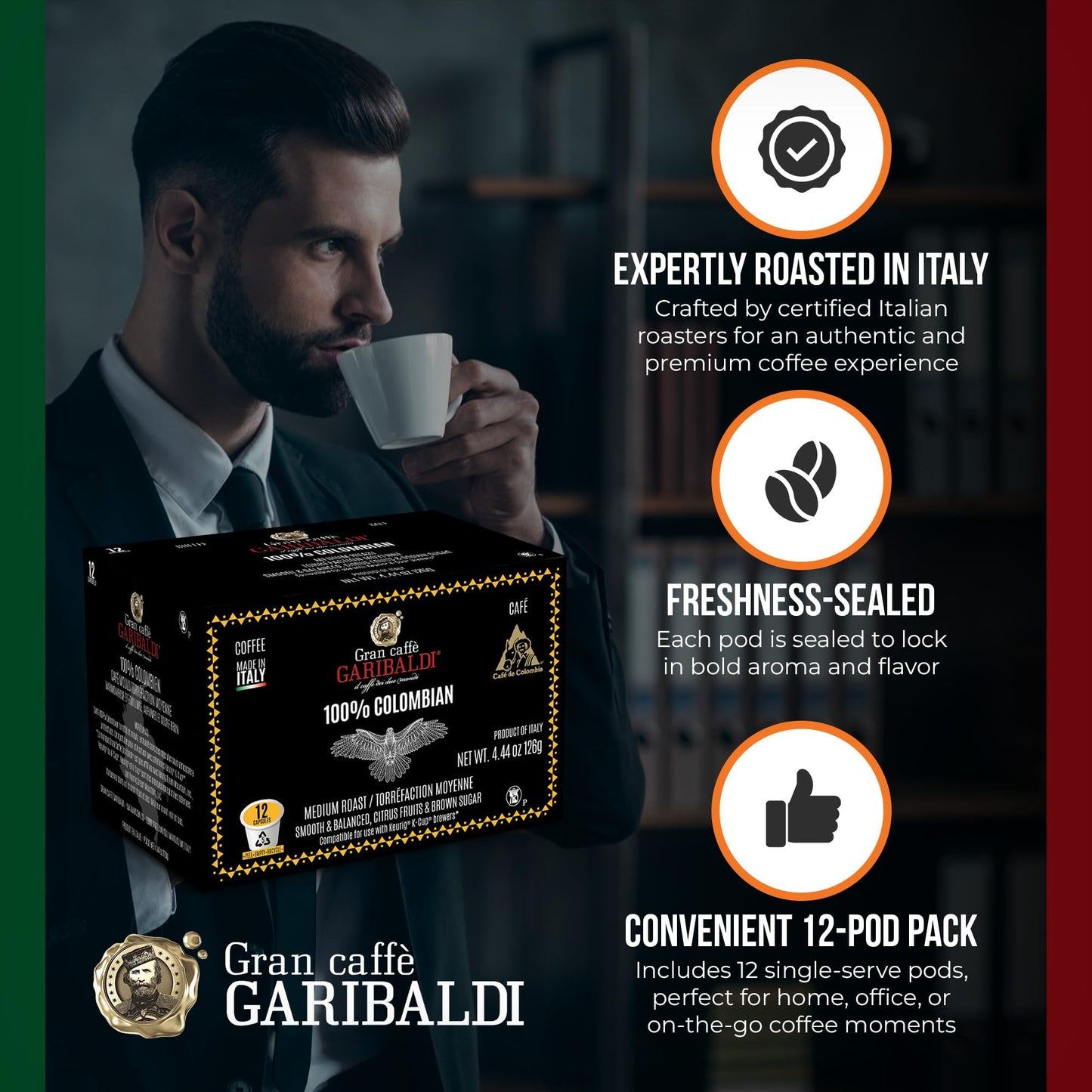 Caffè Garibaldi Colombian Coffee Pods, For Keurig K-Cup Malt-Inspired, Single Serve Cups With 100% Arabica Blend For Coffee Makers, 12 Count Recyclable Pods - Medium Roast