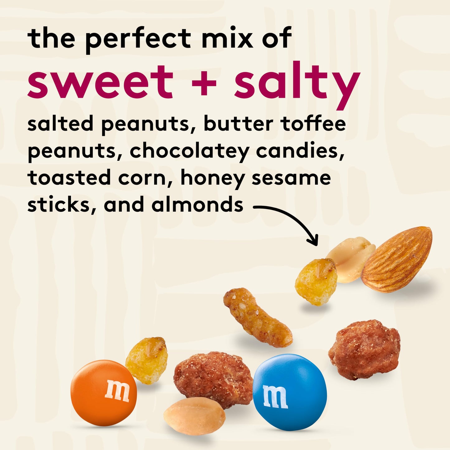 Snak Club Sweet and Salty Trail Mix with Peanuts, Butter Toffee Peanuts, M&MS Chocolate Candies, Toasted Corn, Honey Sesame Sti