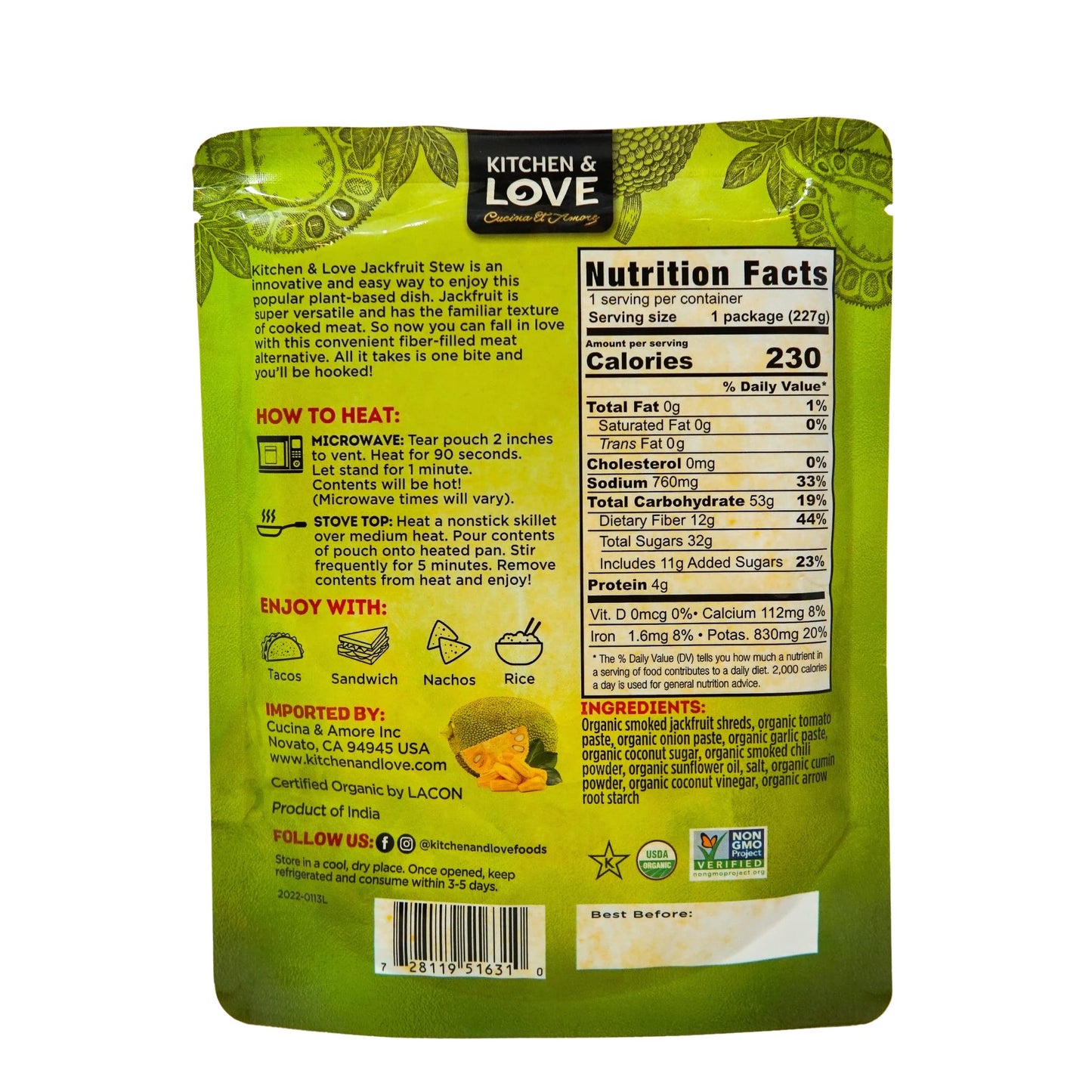 Kitchen & Love Jackfruit Sweet BBQ, Vegan, Gluten Free, High Fiber, 6 Pack, Ready in 90 Seconds