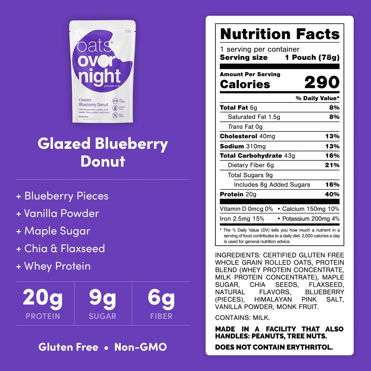 Oats Overnight Glazed Blueberry Donut Overnight Oats, 20g Protein, Gluten Free, 2.8 oz (Pack of 16)