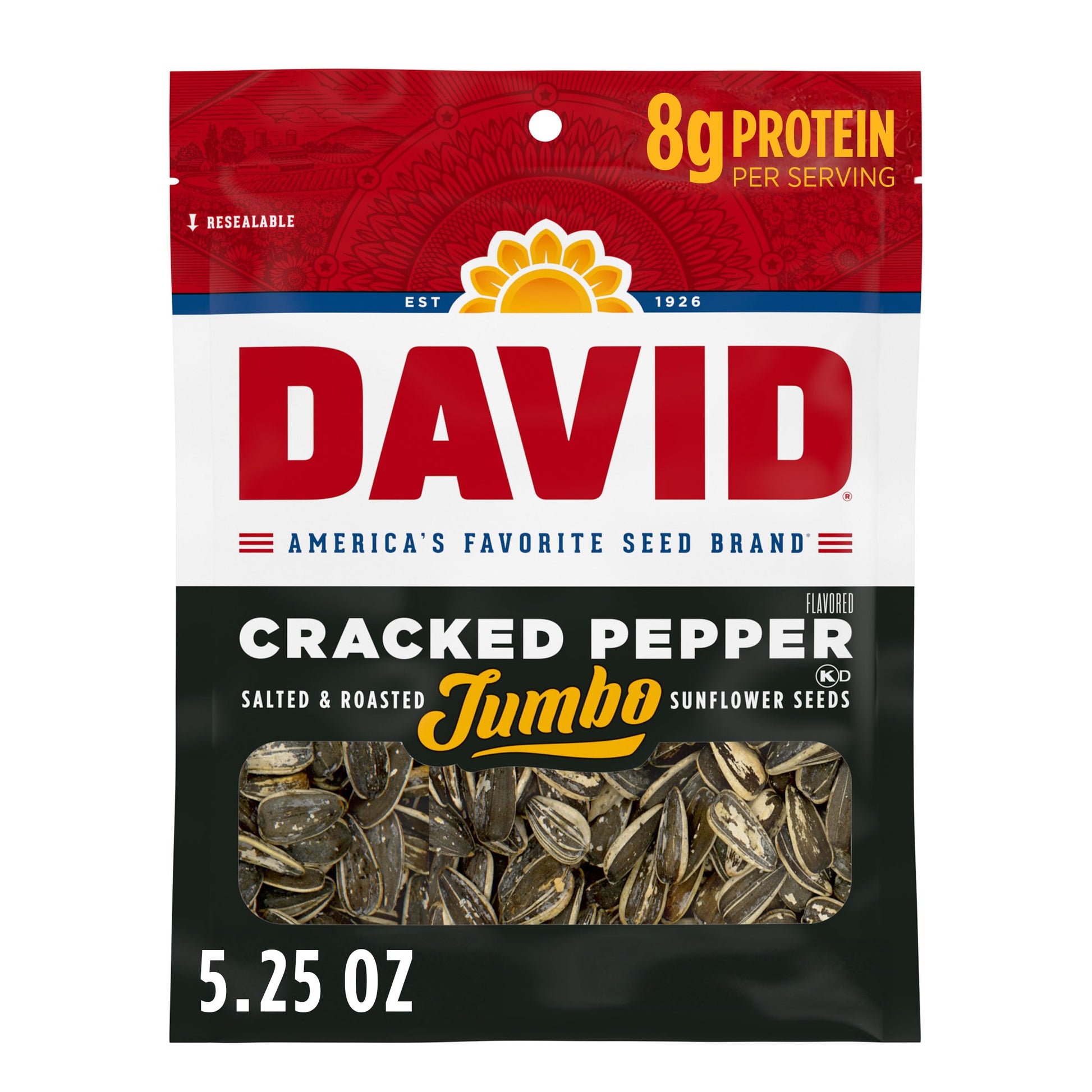 DAVID Roasted and Salted Cracked Pepper Jumbo Sunflower Seeds, Keto Friendly, 5.25 oz, 12 Pack